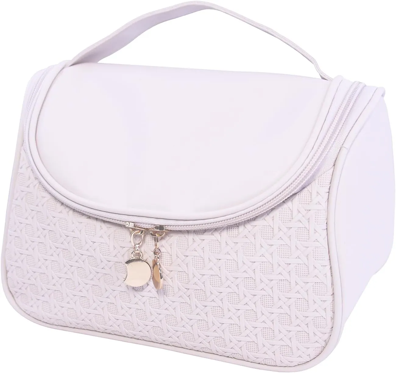 Cute Cosmetic Bag PU Leather Mesh Woven Design Travel Toiletry Bag with Handle, Portable Waterproof Makeup Bag Organizer for Women and Girls (Creamy White)