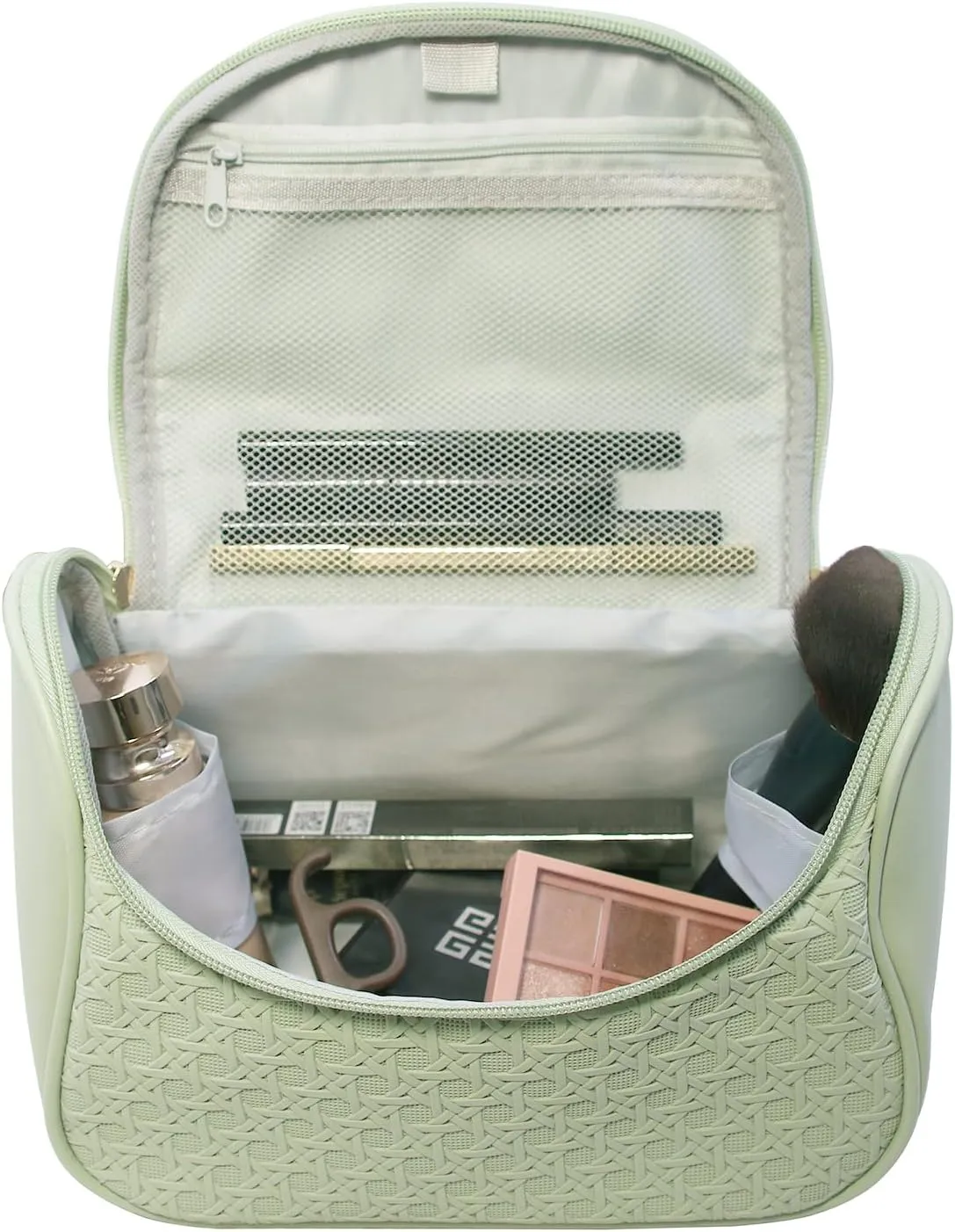 Cute Cosmetic Bag PU Leather Mesh Woven Design Travel Toiletry Bag with Handle, Portable Waterproof Makeup Bag Organizer for Women and Girls (Green)