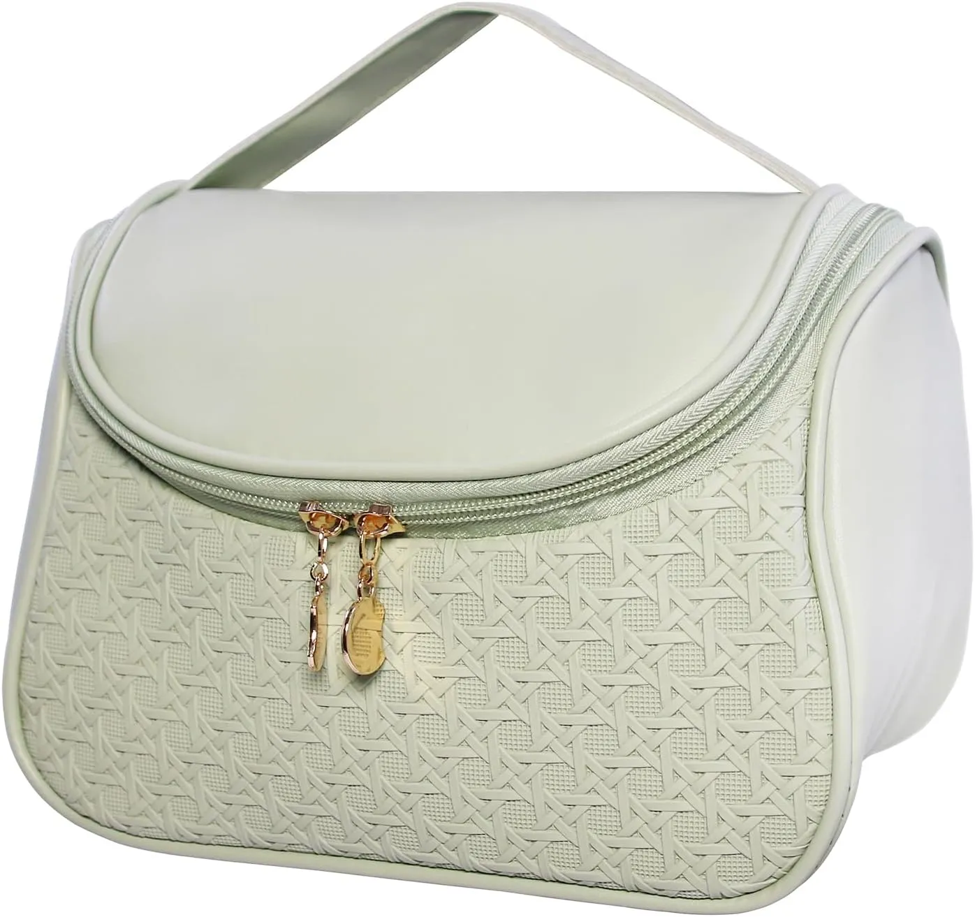 Cute Cosmetic Bag PU Leather Mesh Woven Design Travel Toiletry Bag with Handle, Portable Waterproof Makeup Bag Organizer for Women and Girls (Green)