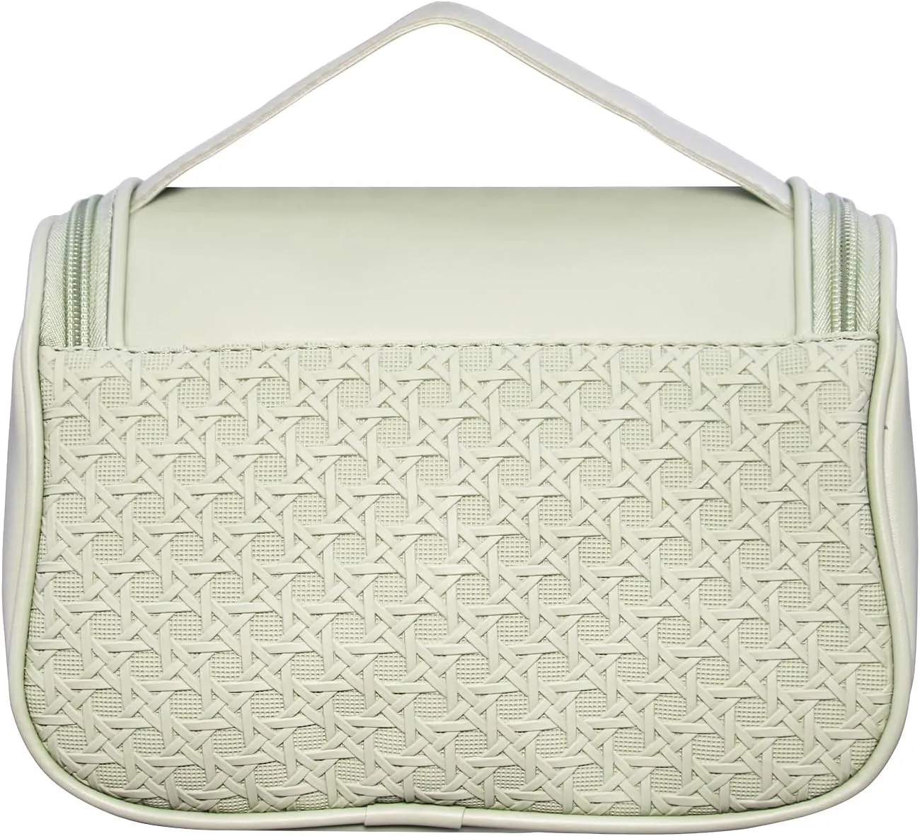 Cute Cosmetic Bag PU Leather Mesh Woven Design Travel Toiletry Bag with Handle, Portable Waterproof Makeup Bag Organizer for Women and Girls (Green)