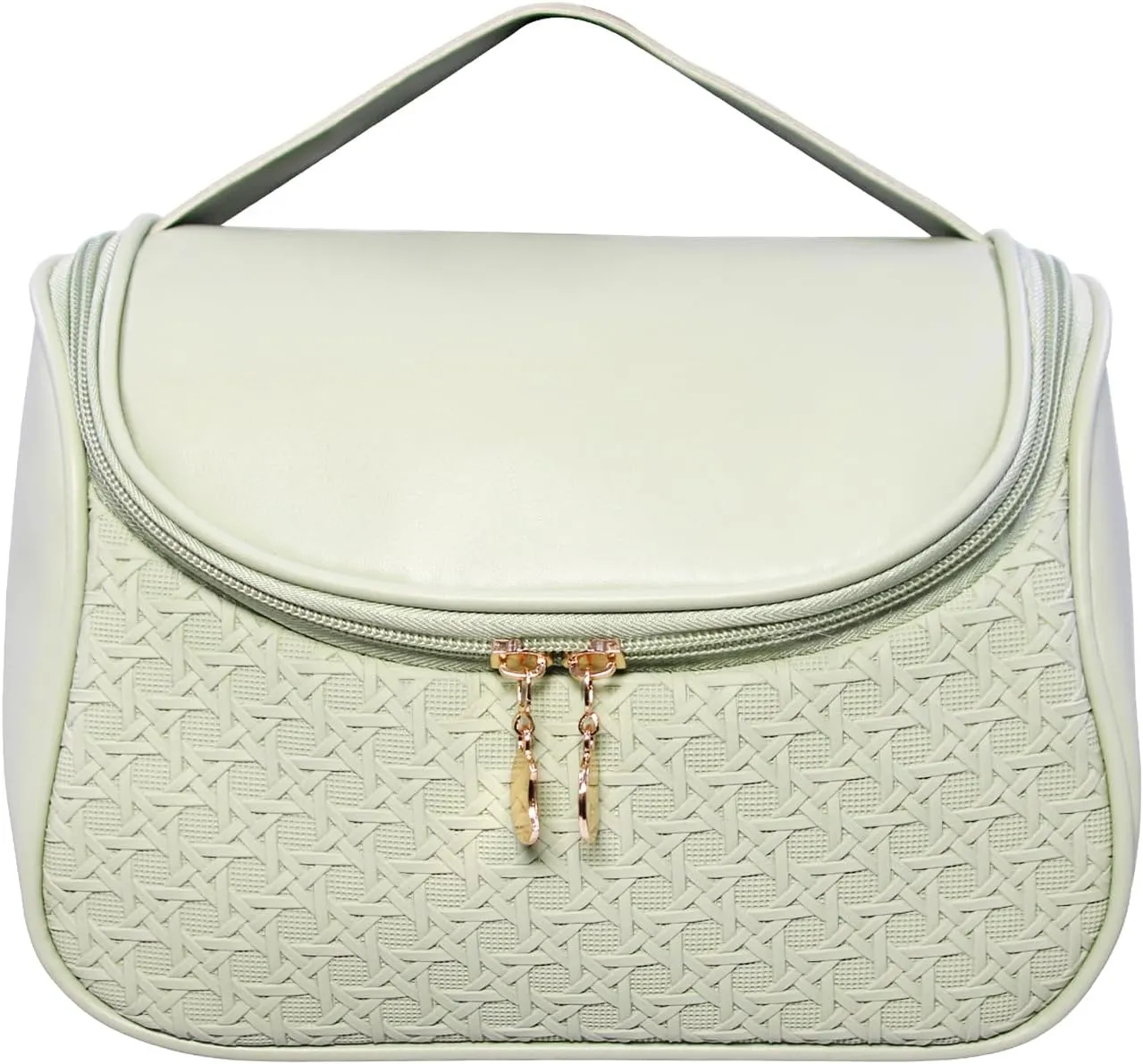 Cute Cosmetic Bag PU Leather Mesh Woven Design Travel Toiletry Bag with Handle, Portable Waterproof Makeup Bag Organizer for Women and Girls (Green)
