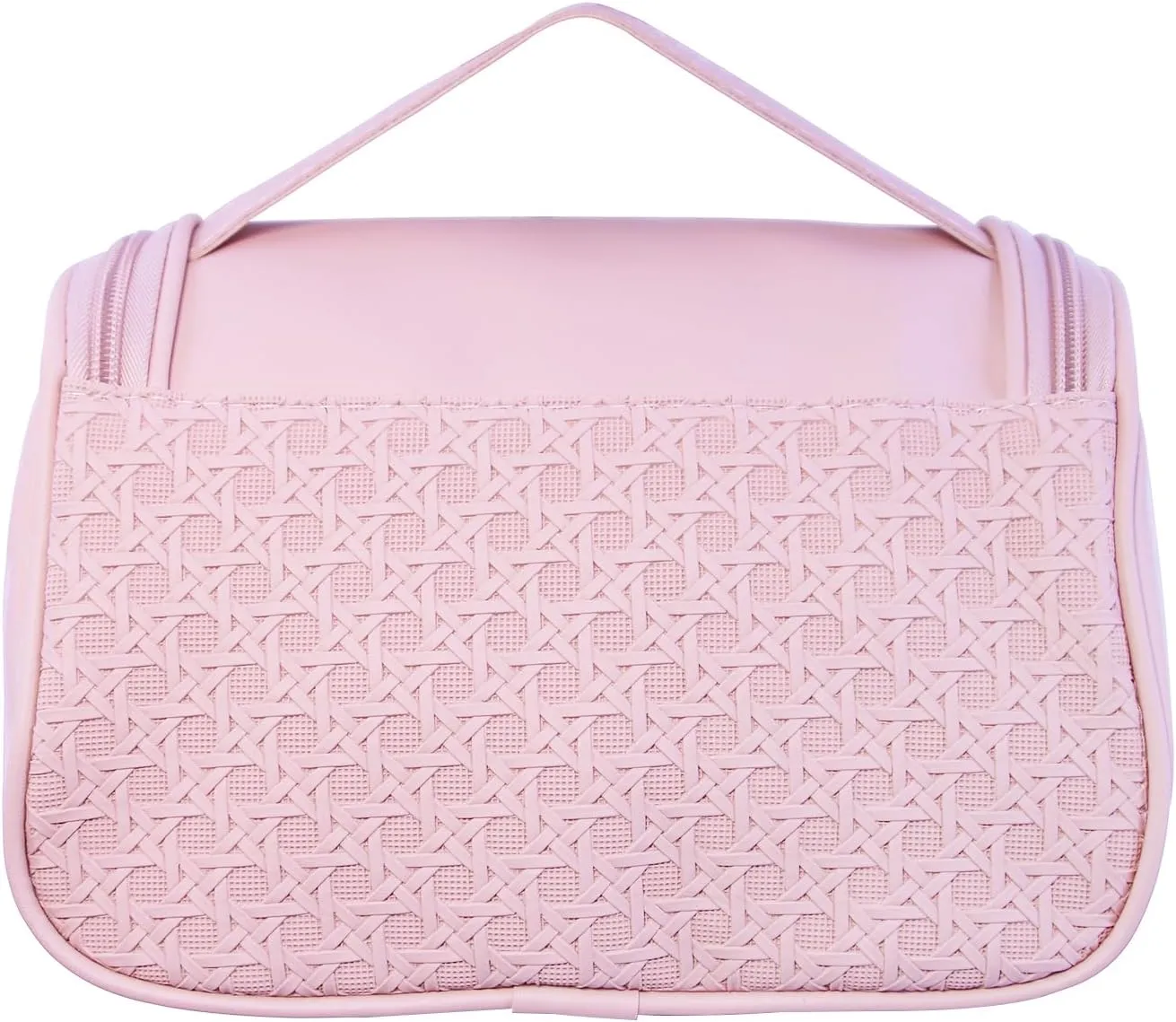 Cute Cosmetic Bag PU Leather Mesh Woven Design Travel Toiletry Bag with Handle, Portable Waterproof Makeup Bag Organizer for Women and Girls (Pink)