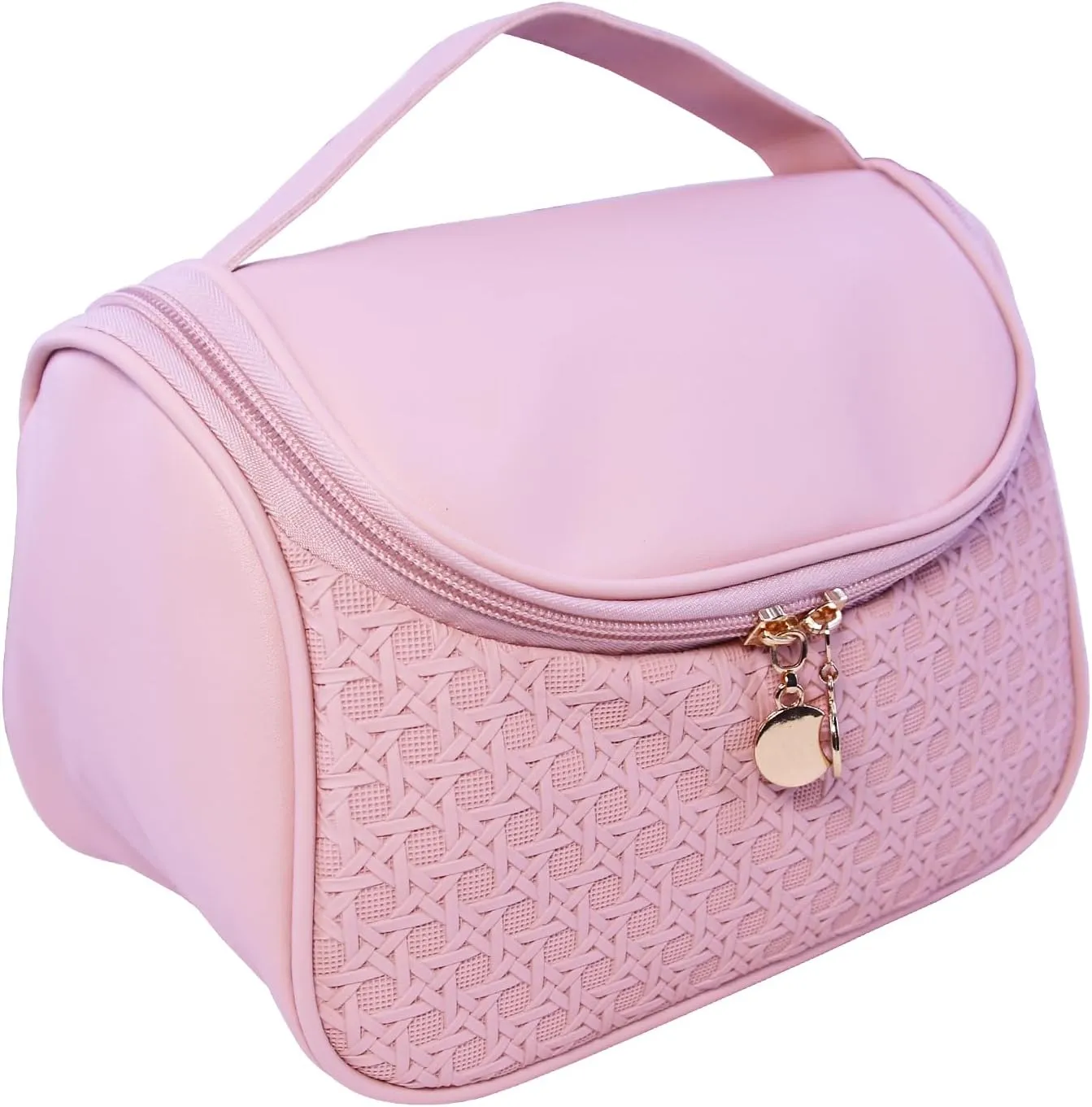 Cute Cosmetic Bag PU Leather Mesh Woven Design Travel Toiletry Bag with Handle, Portable Waterproof Makeup Bag Organizer for Women and Girls (Pink)