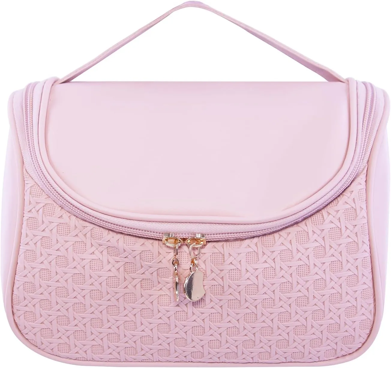 Cute Cosmetic Bag PU Leather Mesh Woven Design Travel Toiletry Bag with Handle, Portable Waterproof Makeup Bag Organizer for Women and Girls (Pink)