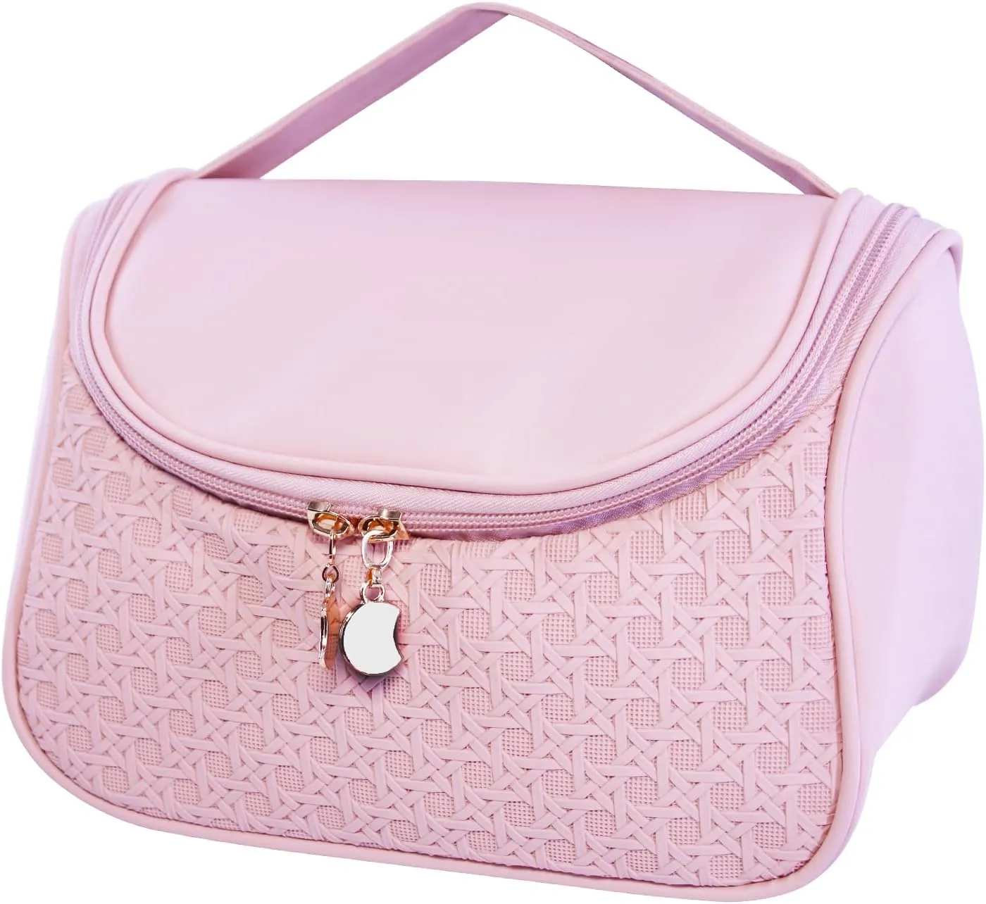 Cute Cosmetic Bag PU Leather Mesh Woven Design Travel Toiletry Bag with Handle, Portable Waterproof Makeup Bag Organizer for Women and Girls (Pink)