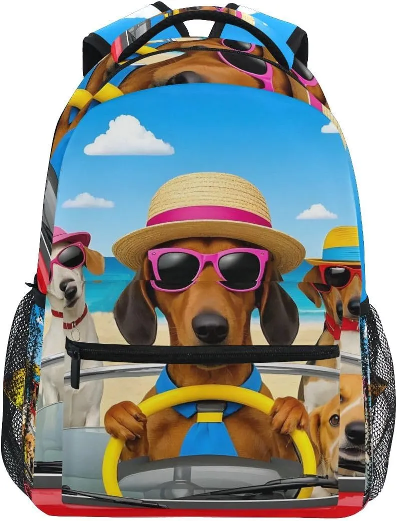 Dachshund Dog Driving A Car Backpack for Women Mens Girls Boys Teens, School Backpacks Students Laptop Bookbag Rucksack Casual Daypack for Hiking Traveling Camping Work