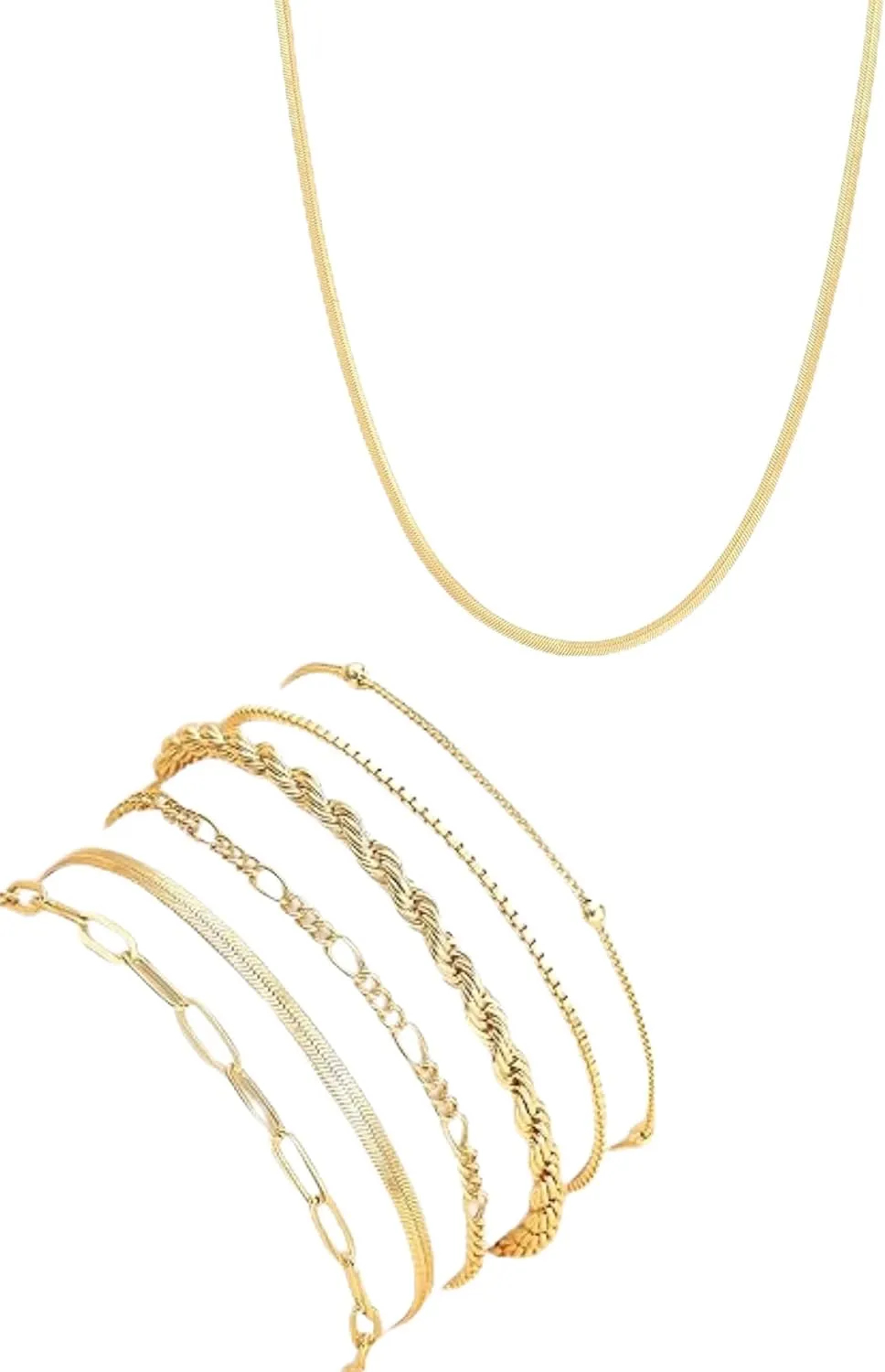 Dainty Gold Layered Bracelets Set with Necklace, Delicate Chain Link Design, 5 Pieces