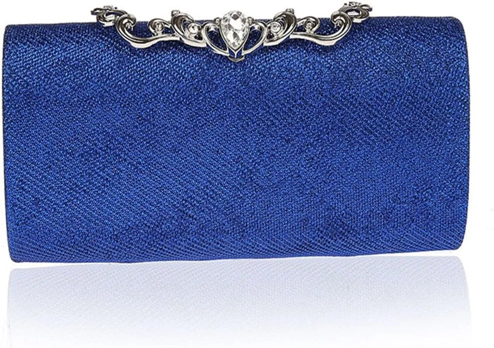 ELEOPTION Simple Women's Women Clutch Purse Hard Case Evening Bags Glitter Handbag With Diamante Snap Closure Cover Rectangle Design Pleated Satin For Wedding Party Best Gift (Royalblue)