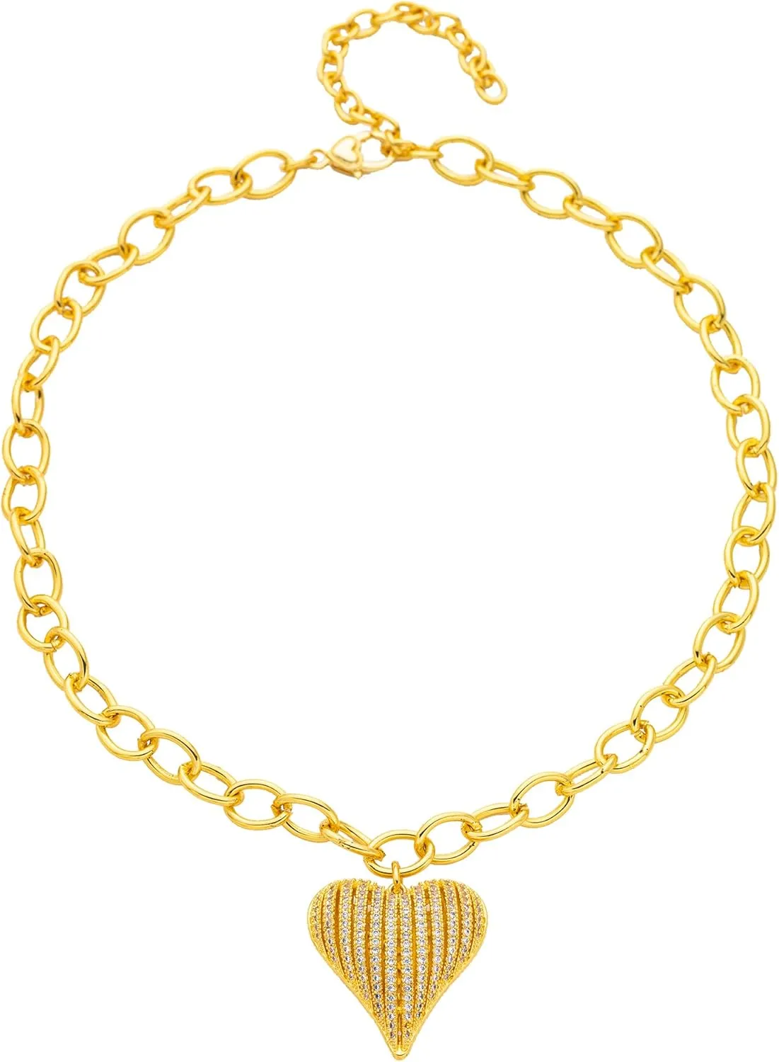 Enjinkail 18K Gold Plated Heart Necklaces for Women, Chunky Heart Pendant Necklace with Diamond and Hollow-Out, Gold Chunky Choker Necklace with Luxurious Puff Heart, Gold jewelry Gifts for Her