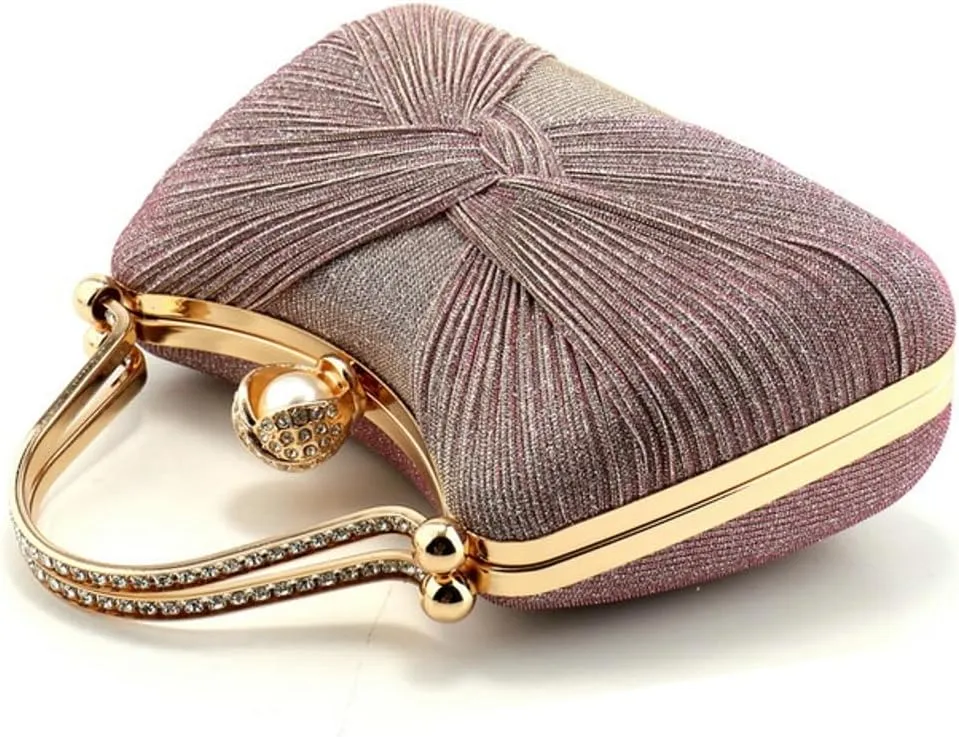 Evening Bag for Women Shiny Pleated Wedding Purse with Chain Round Pearl Clasp Handbag Top Handle Shoulder Formal Purse