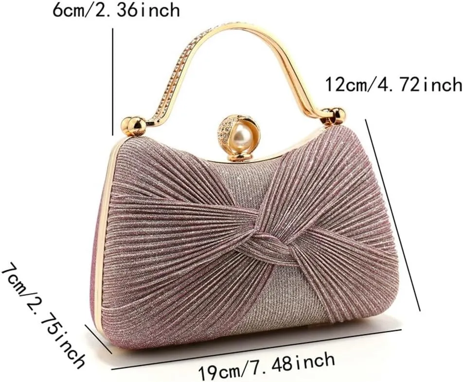 Evening Bag for Women Shiny Pleated Wedding Purse with Chain Round Pearl Clasp Handbag Top Handle Shoulder Formal Purse