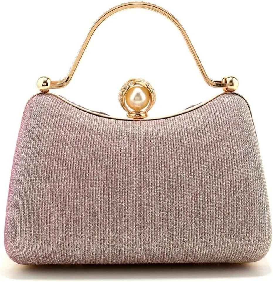 Evening Bag for Women Shiny Pleated Wedding Purse with Chain Round Pearl Clasp Handbag Top Handle Shoulder Formal Purse