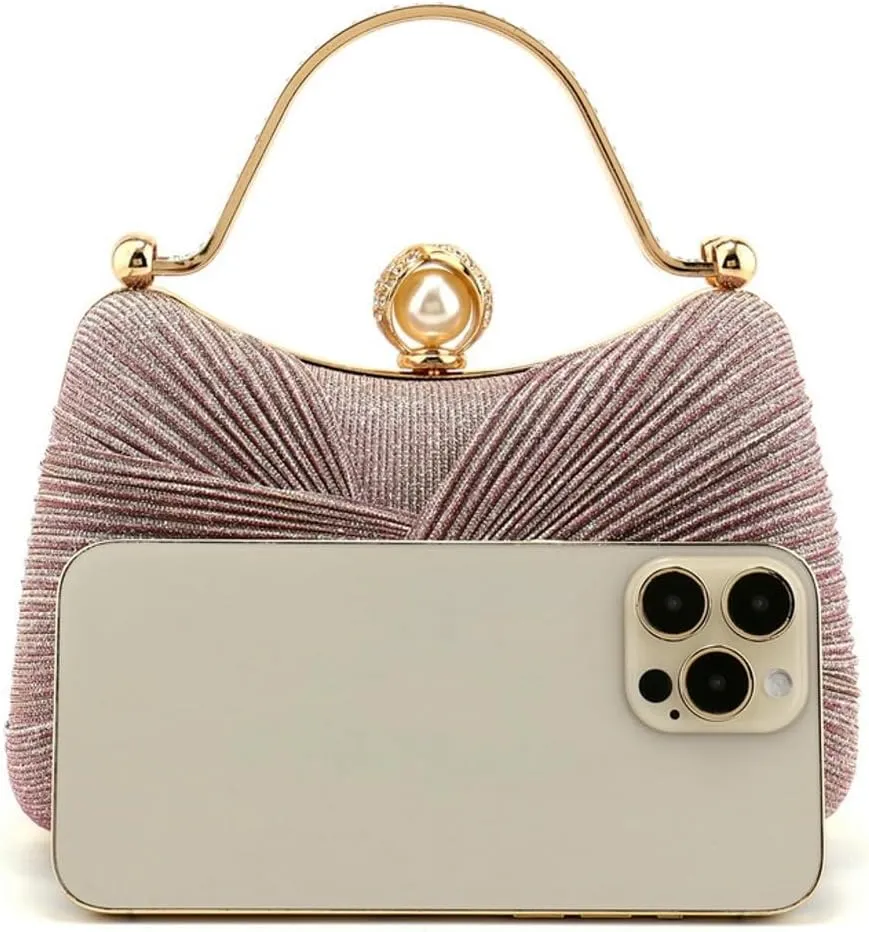 Evening Bag for Women Shiny Pleated Wedding Purse with Chain Round Pearl Clasp Handbag Top Handle Shoulder Formal Purse