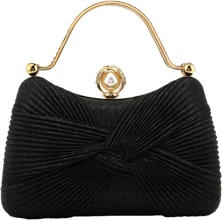 Evening Bag for Women Shiny Pleated Wedding Purse with Chain Round Pearl Clasp Handbag Top Handle Shoulder Formal Purse