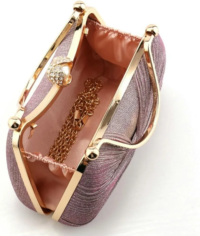 Evening Bag for Women Shiny Pleated Wedding Purse with Chain Round Pearl Clasp Handbag Top Handle Shoulder Formal Purse
