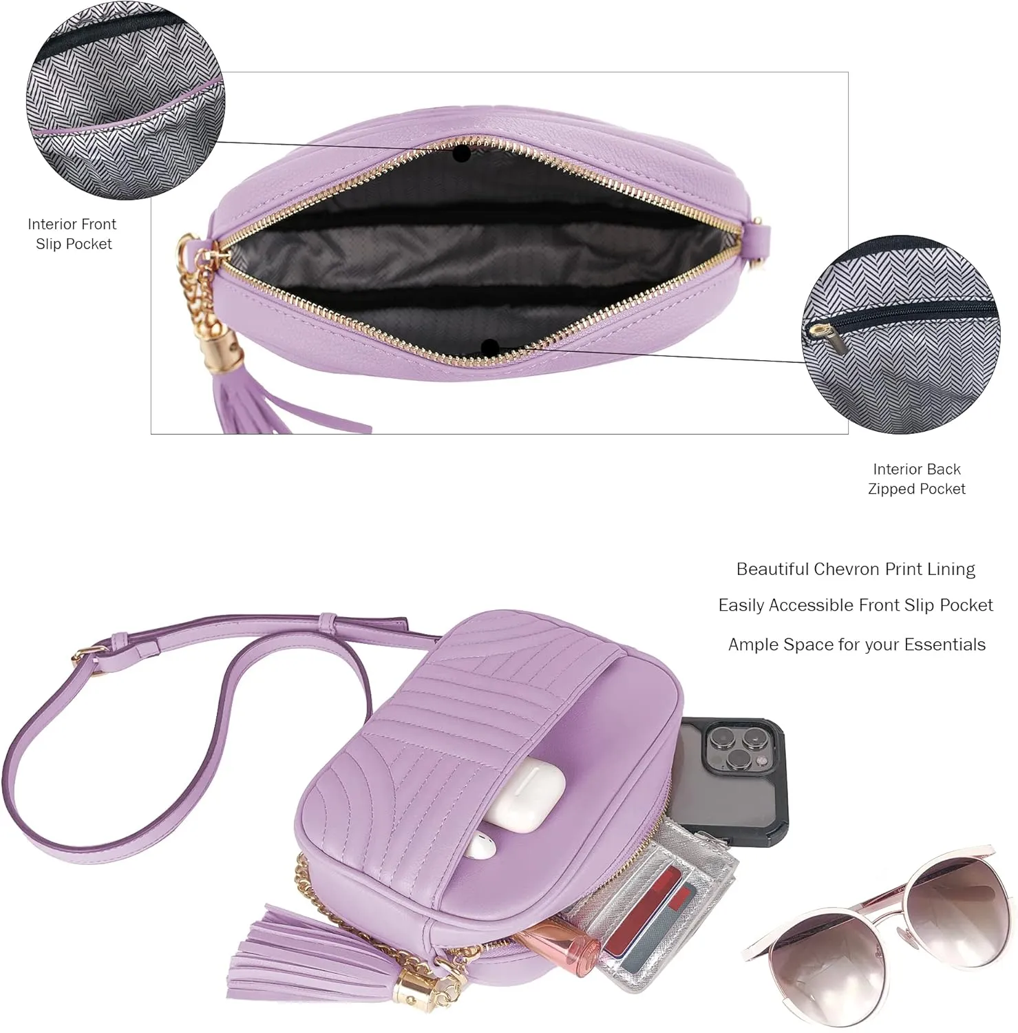 EVVE Quilted Crossbody Bags for Women - Stylish Camera Bag with Tassel - Lightweight Medium Size Shoulder Purse
