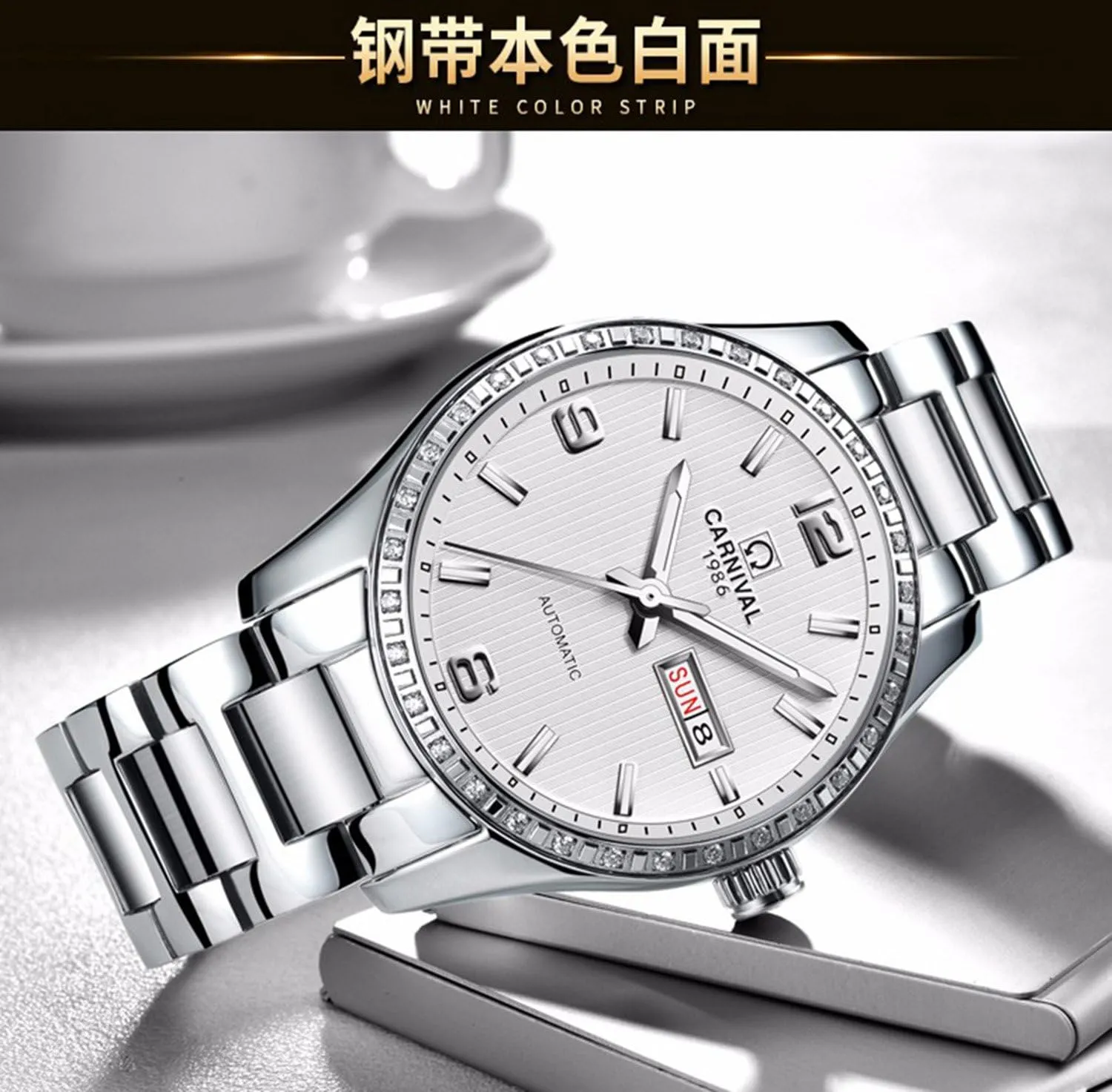 FANMIS Luxury Automatic Mechanical Rhinestones Men Women Date Luminous Waterproof Stainless Steel Couple Watch