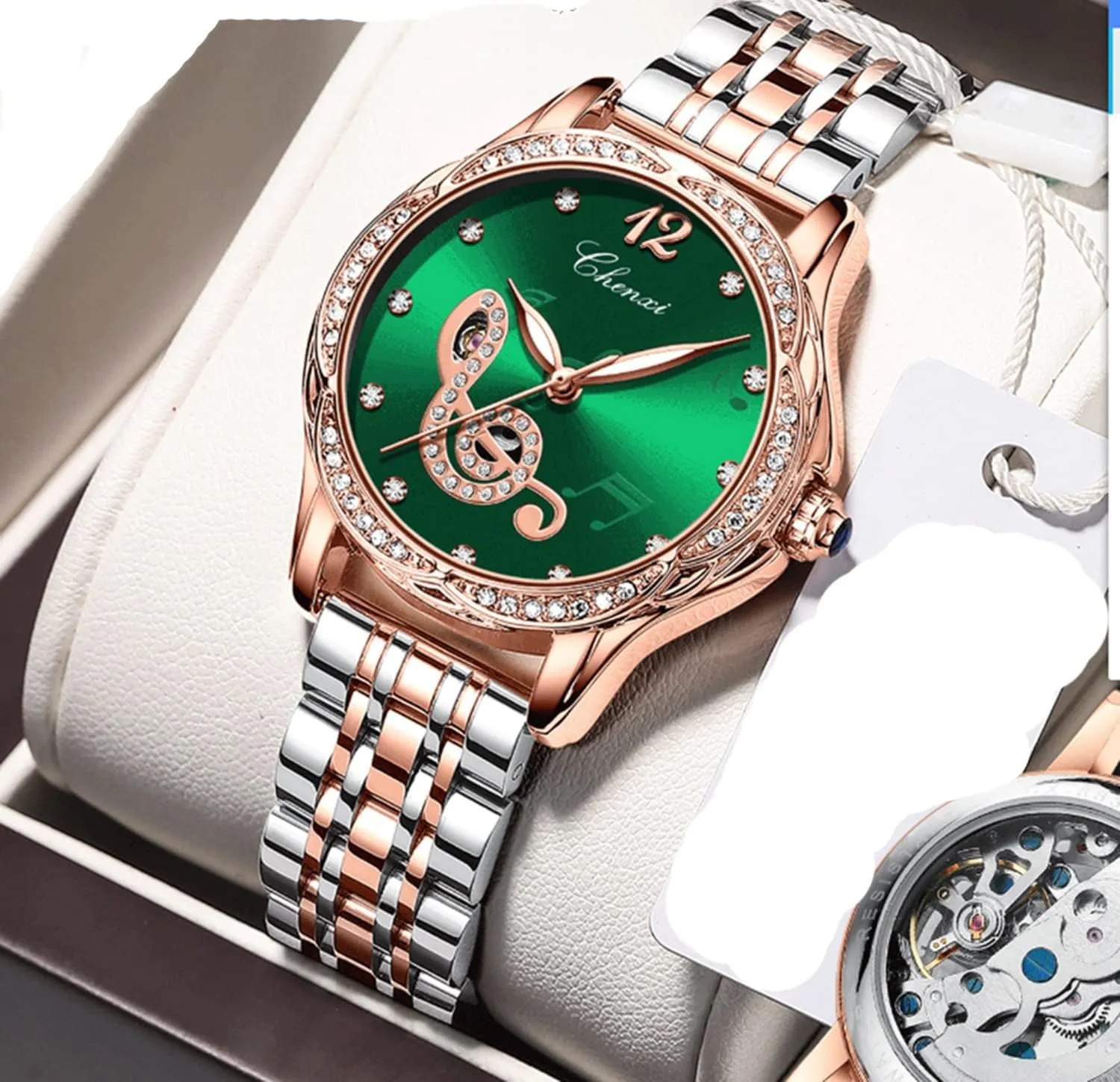FANMIS Luxury Fashion Women Automatic Watch Stainless Steel Rhinestone Mechanical Waterproof Watches