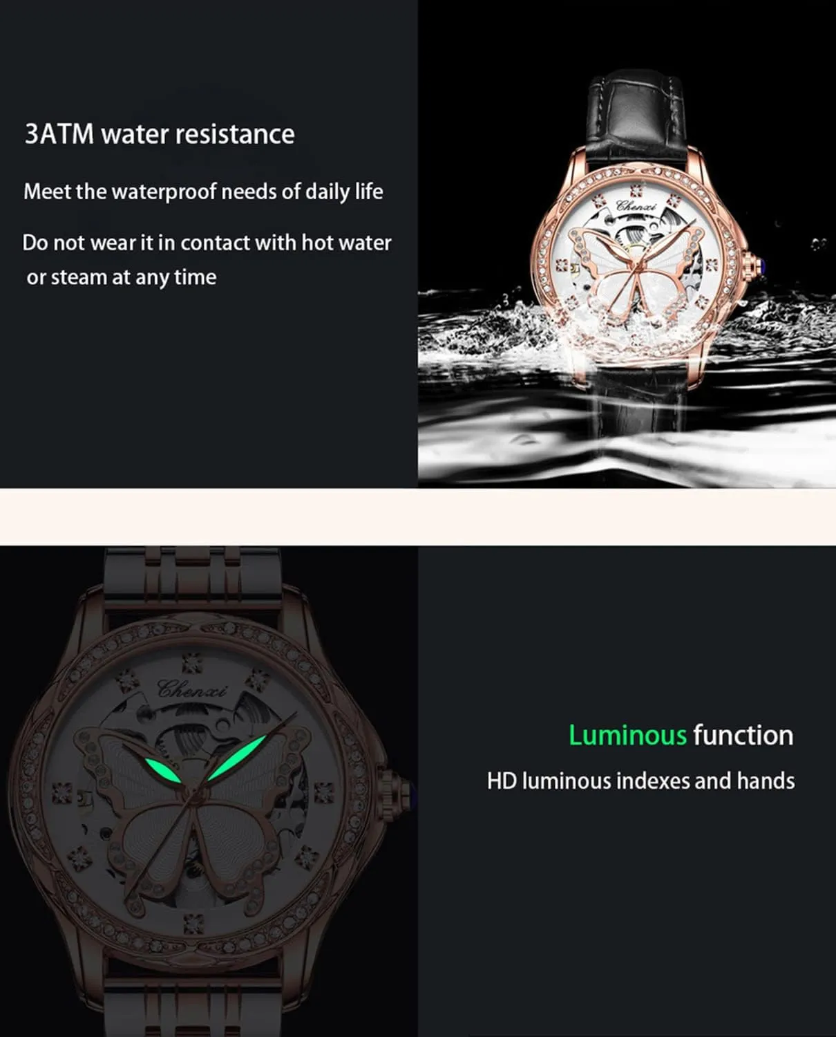 FANMIS Luxury Women Automatic Watch Stainless Steel Or Leather Strap Rhinestone Mechanical Waterproof Watches
