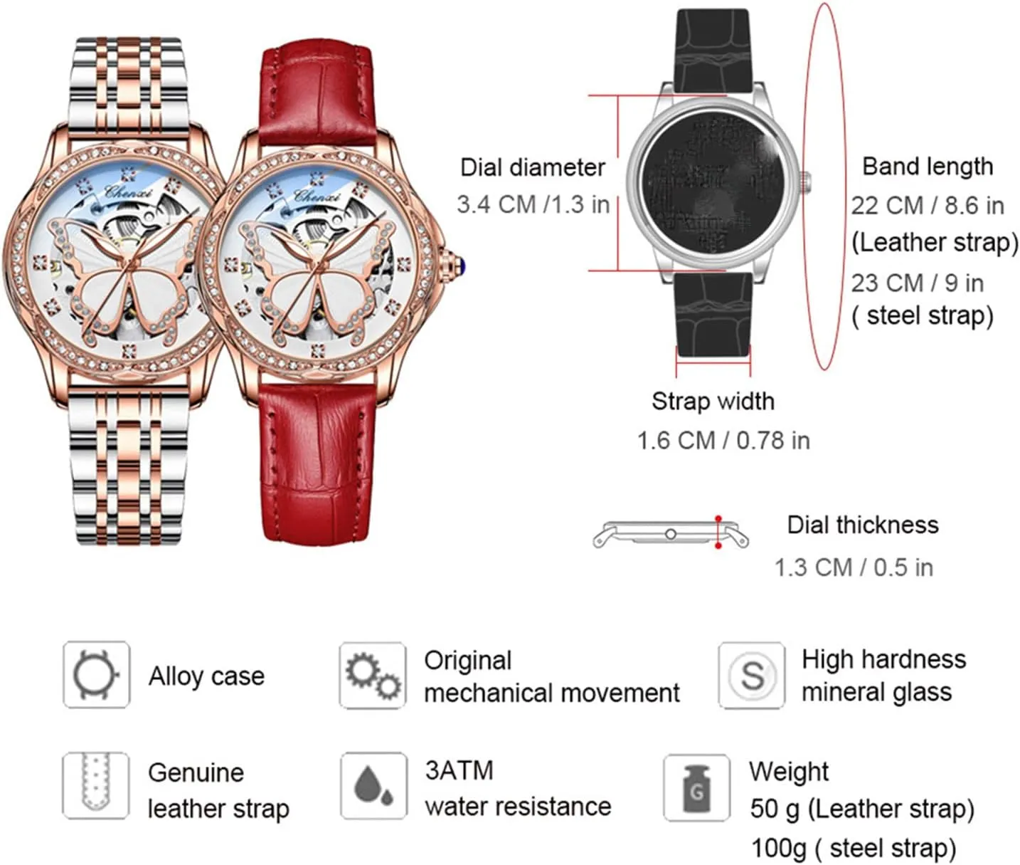FANMIS Luxury Women Automatic Watch Stainless Steel Or Leather Strap Rhinestone Mechanical Waterproof Watches
