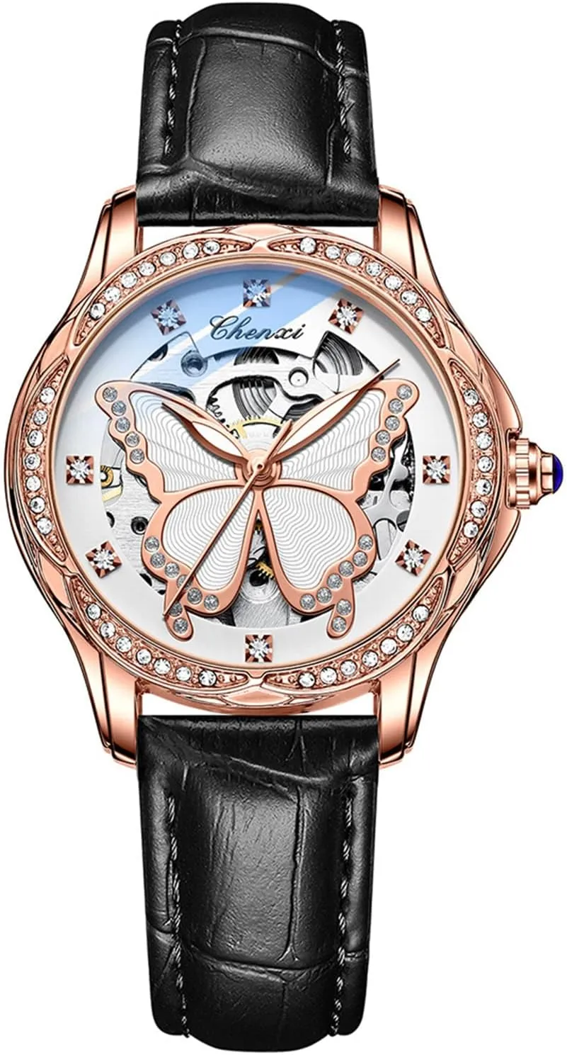 FANMIS Luxury Women Automatic Watch Stainless Steel Or Leather Strap Rhinestone Mechanical Waterproof Watches