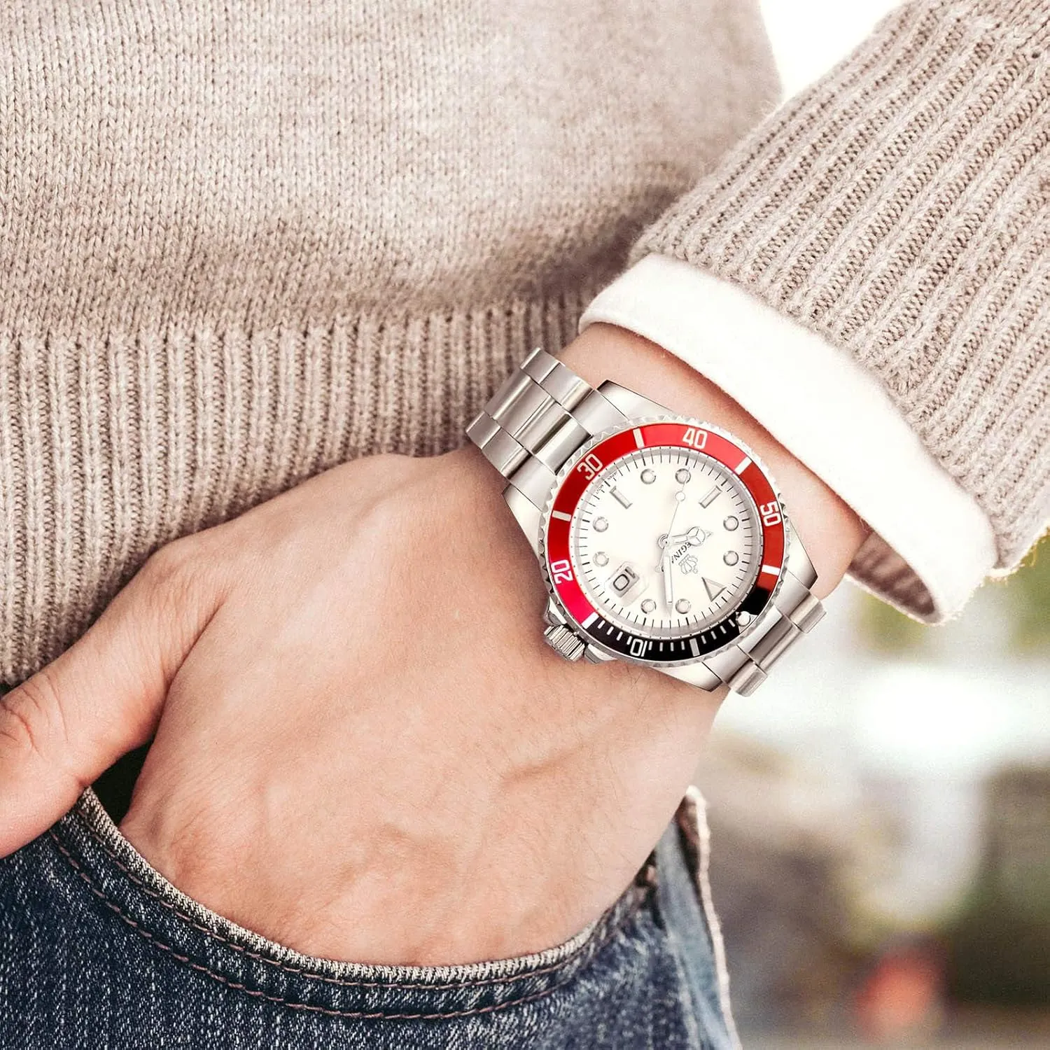 FANMIS Mens Luxury Watches Rotatable Bezel Sapphire Glass Luminous Hand Quartz Silver Tone Stainless Steel Watch