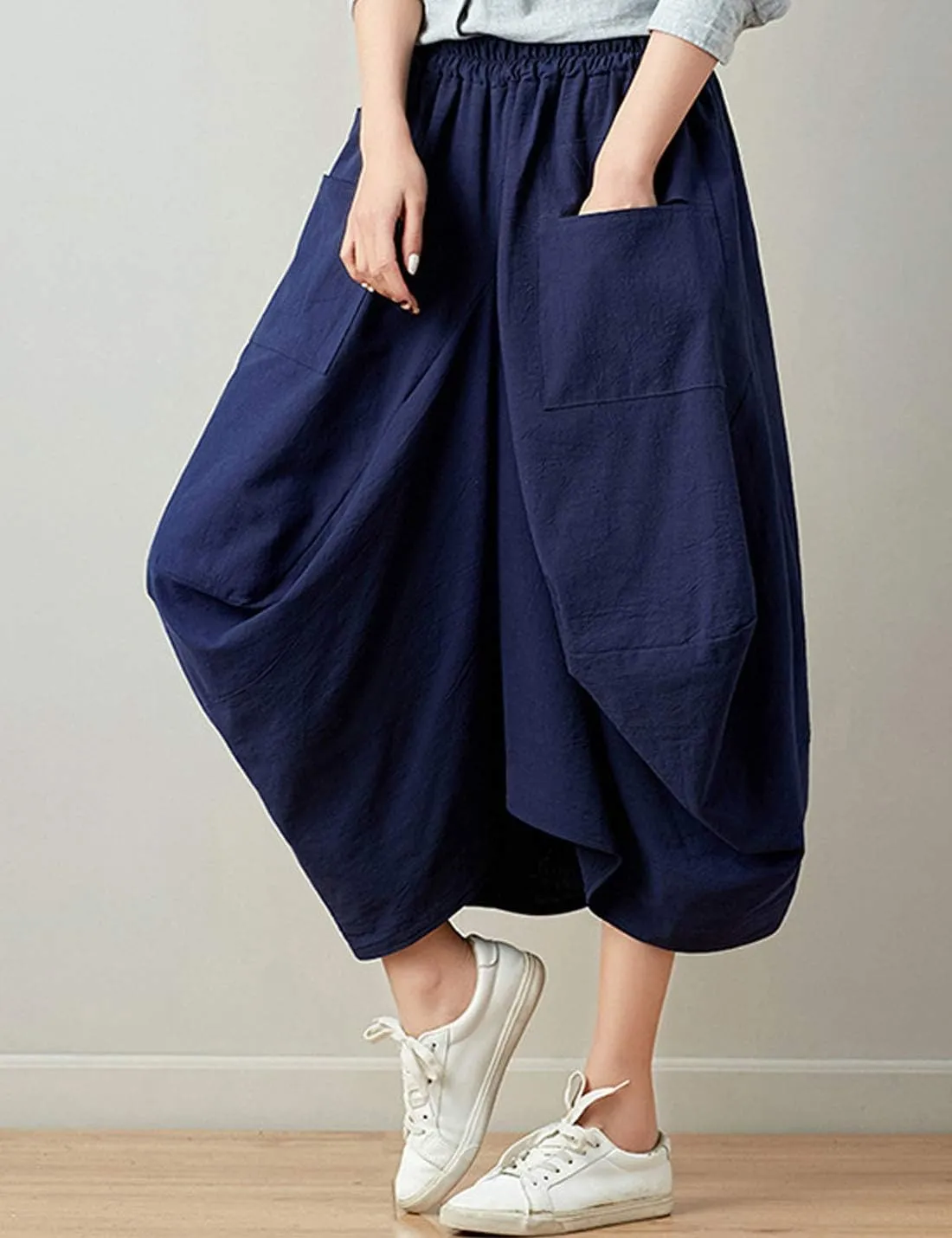 Flygo Women's Retro Elastic Waist Pleated Baggy Linen Midi Skirts with Pockets
