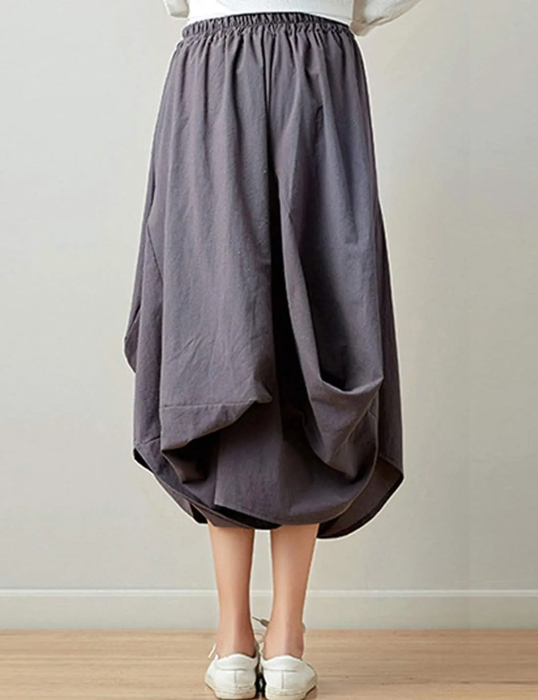 Flygo Women's Retro Elastic Waist Pleated Baggy Linen Midi Skirts with Pockets