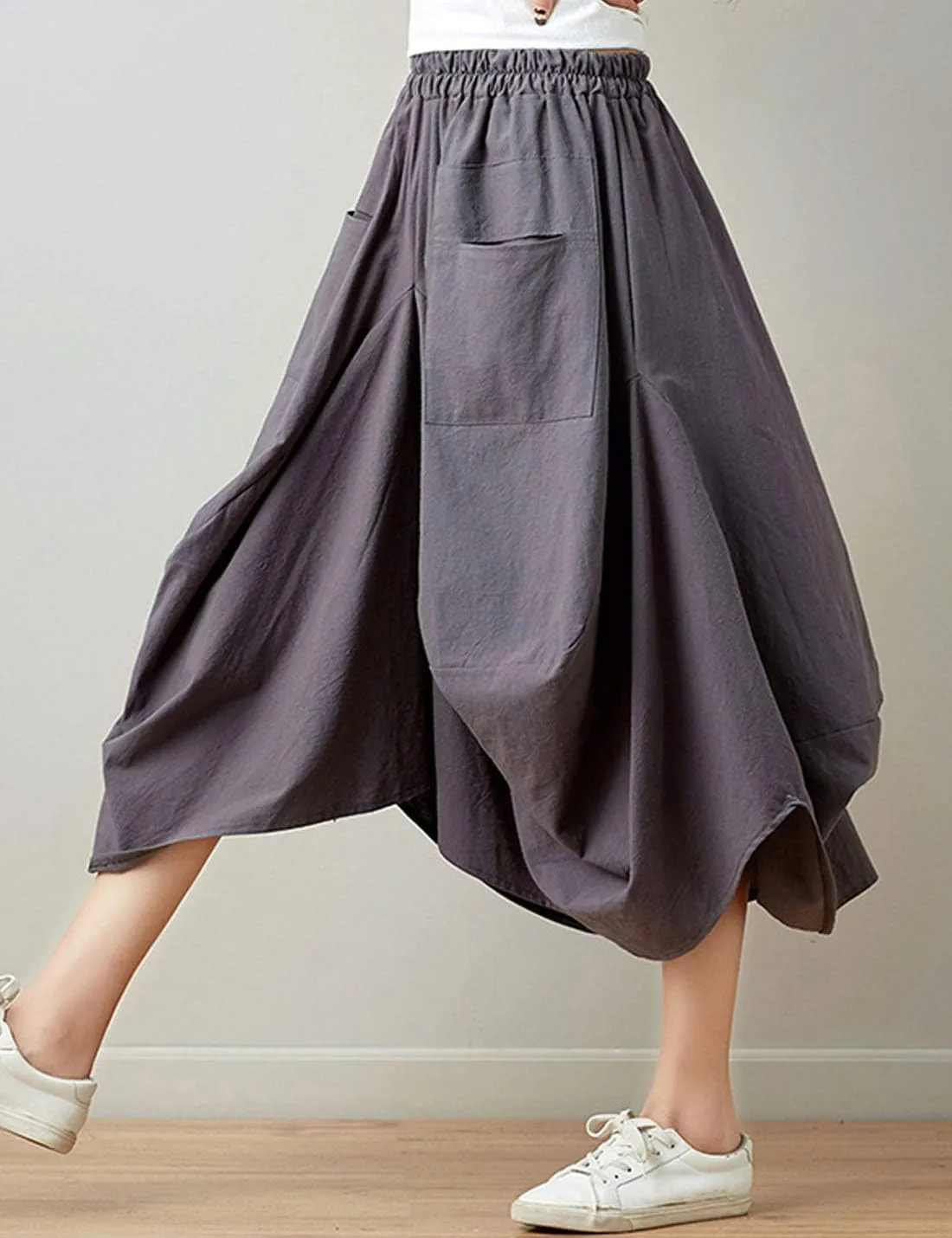 Flygo Women's Retro Elastic Waist Pleated Baggy Linen Midi Skirts with Pockets