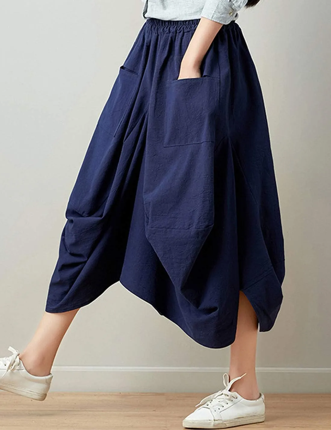 Flygo Women's Retro Elastic Waist Pleated Baggy Linen Midi Skirts with Pockets