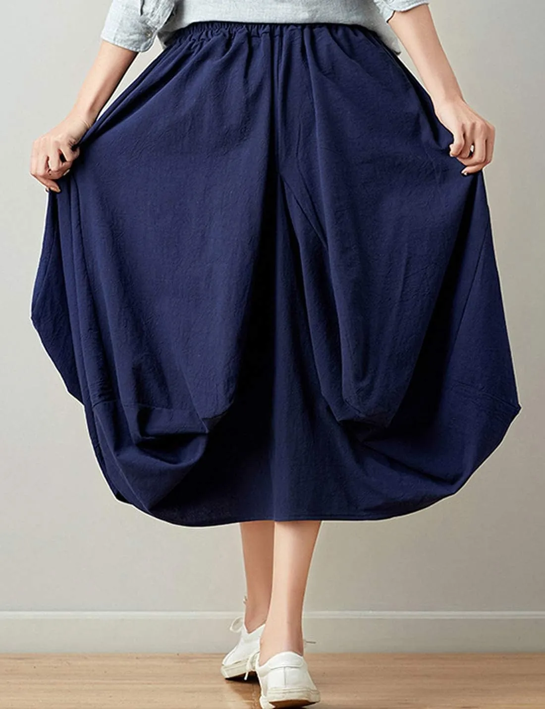 Flygo Women's Retro Elastic Waist Pleated Baggy Linen Midi Skirts with Pockets