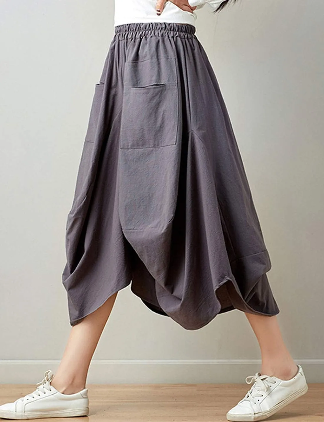 Flygo Women's Retro Elastic Waist Pleated Baggy Linen Midi Skirts with Pockets
