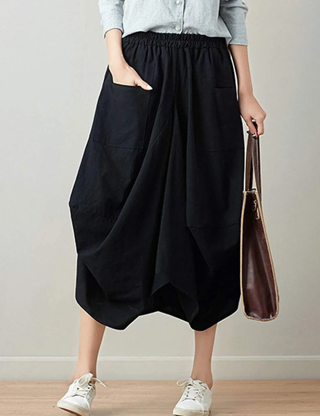 Flygo Women's Retro Elastic Waist Pleated Baggy Linen Midi Skirts with Pockets