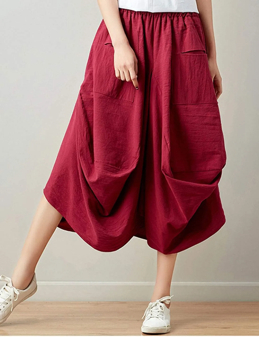 Flygo Women's Retro Elastic Waist Pleated Baggy Linen Midi Skirts with Pockets