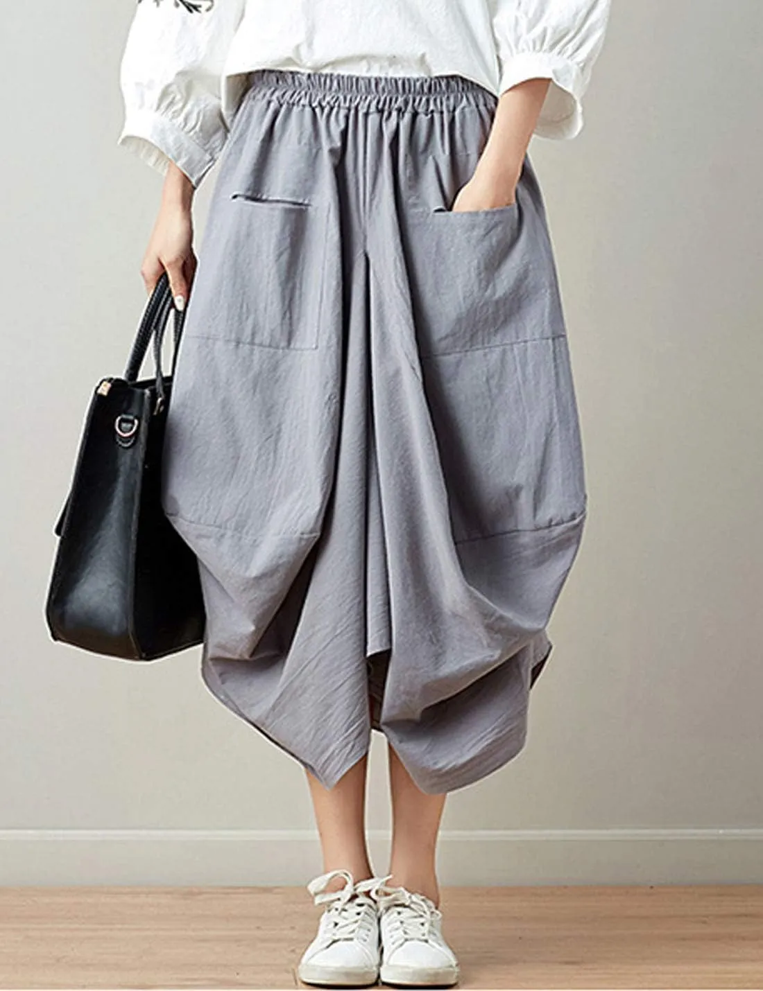 Flygo Women's Retro Elastic Waist Pleated Baggy Linen Midi Skirts with Pockets
