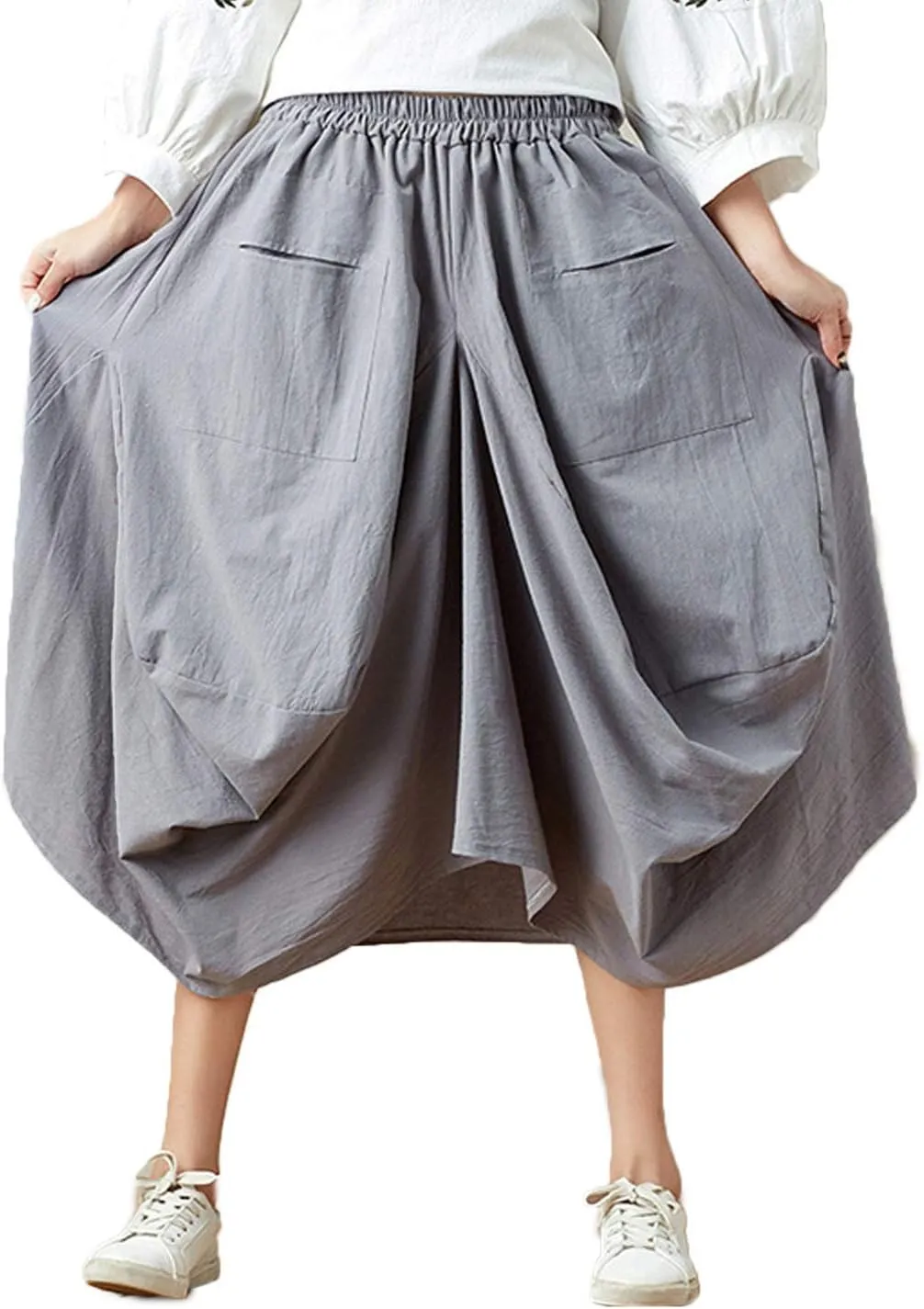 Flygo Women's Retro Elastic Waist Pleated Baggy Linen Midi Skirts with Pockets