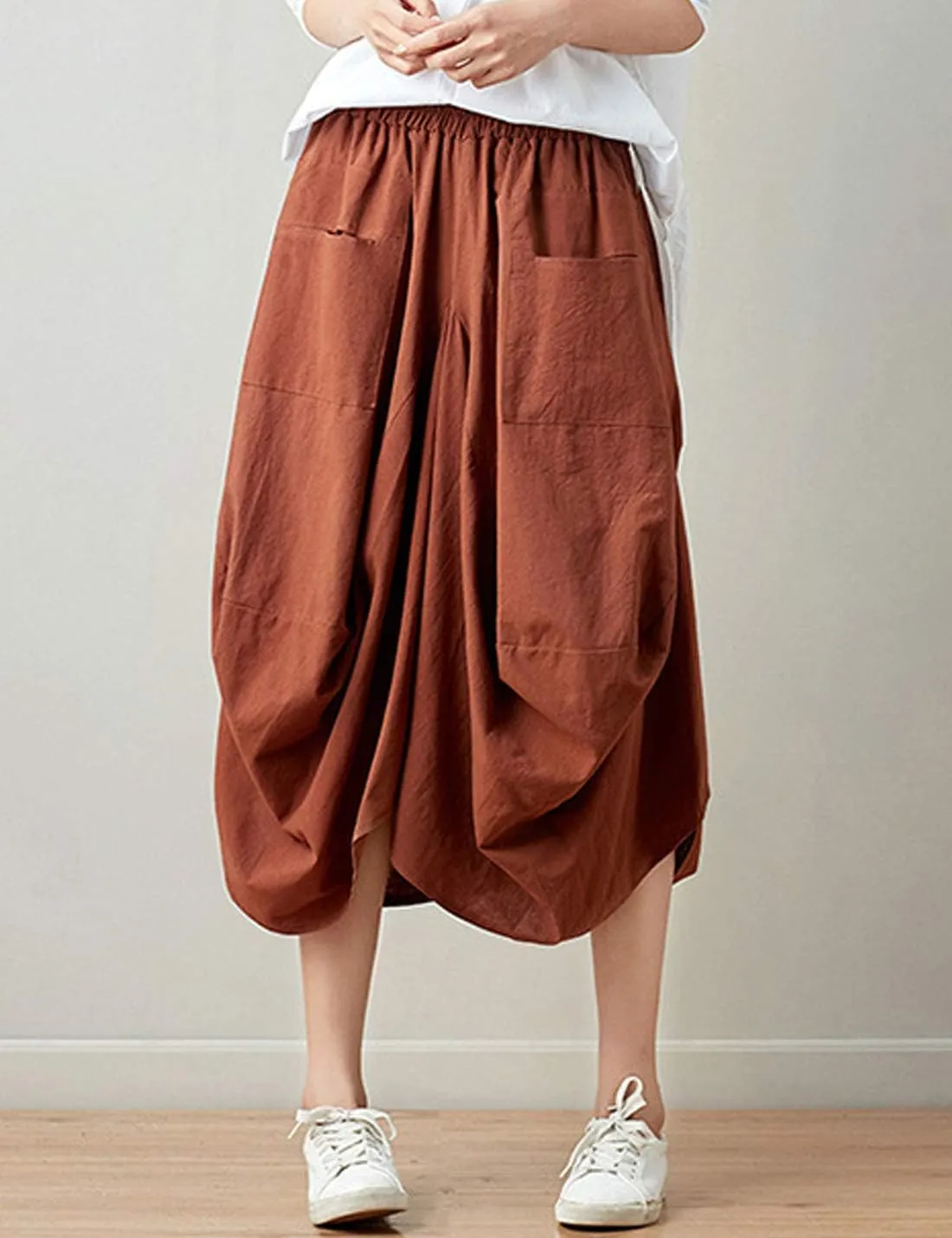 Flygo Women's Retro Elastic Waist Pleated Baggy Linen Midi Skirts with Pockets
