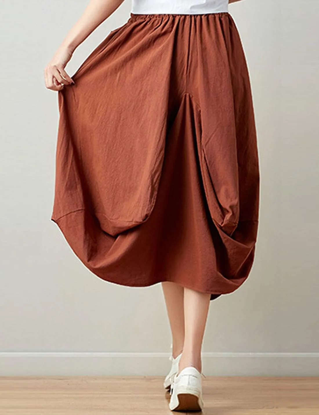 Flygo Women's Retro Elastic Waist Pleated Baggy Linen Midi Skirts with Pockets