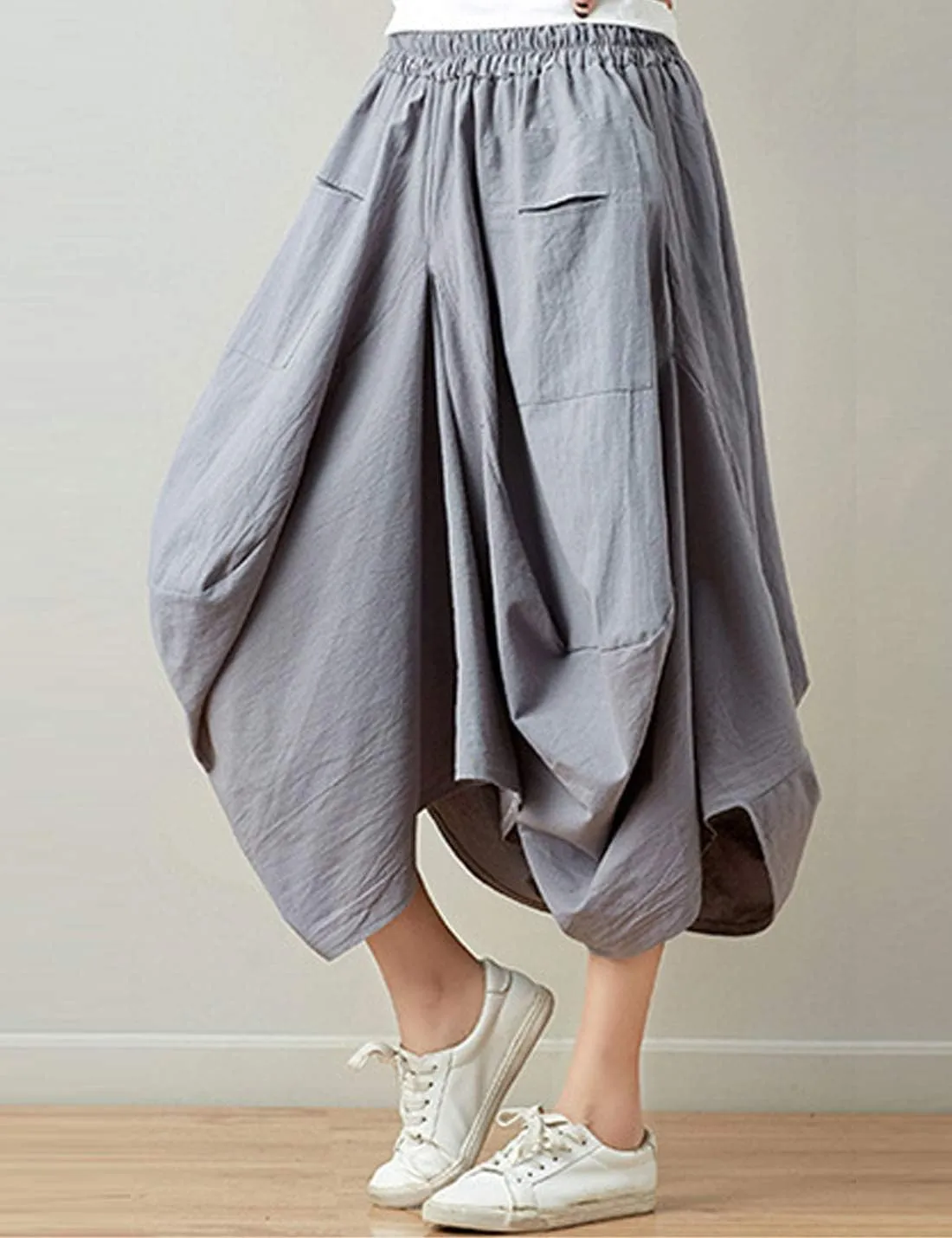 Flygo Women's Retro Elastic Waist Pleated Baggy Linen Midi Skirts with Pockets