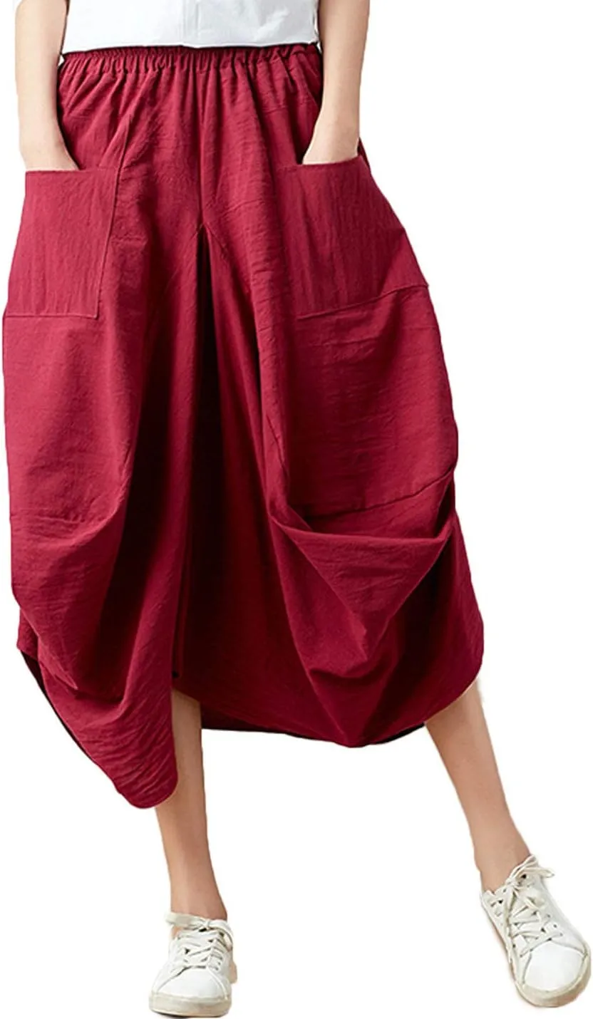 Flygo Women's Retro Elastic Waist Pleated Baggy Linen Midi Skirts with Pockets