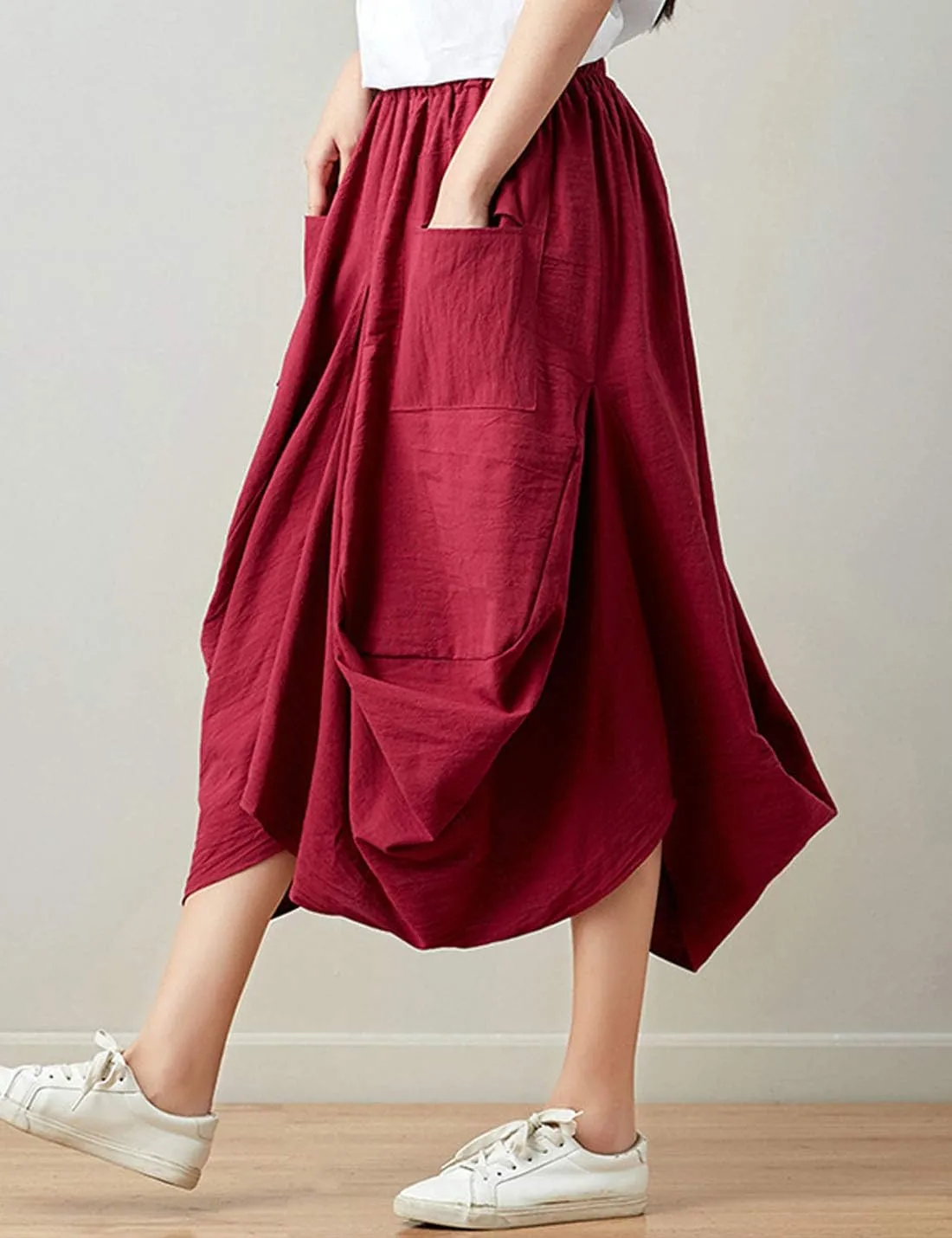 Flygo Women's Retro Elastic Waist Pleated Baggy Linen Midi Skirts with Pockets