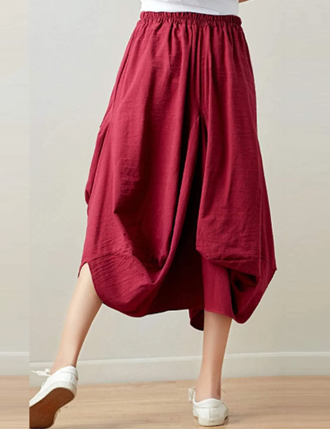 Flygo Women's Retro Elastic Waist Pleated Baggy Linen Midi Skirts with Pockets