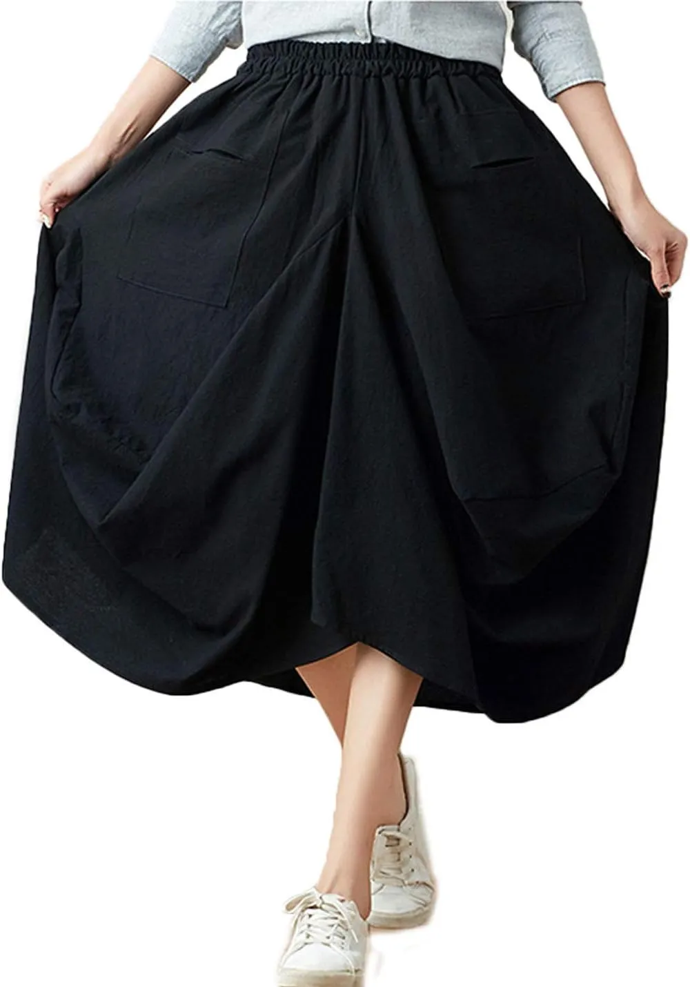 Flygo Women's Retro Elastic Waist Pleated Baggy Linen Midi Skirts with Pockets