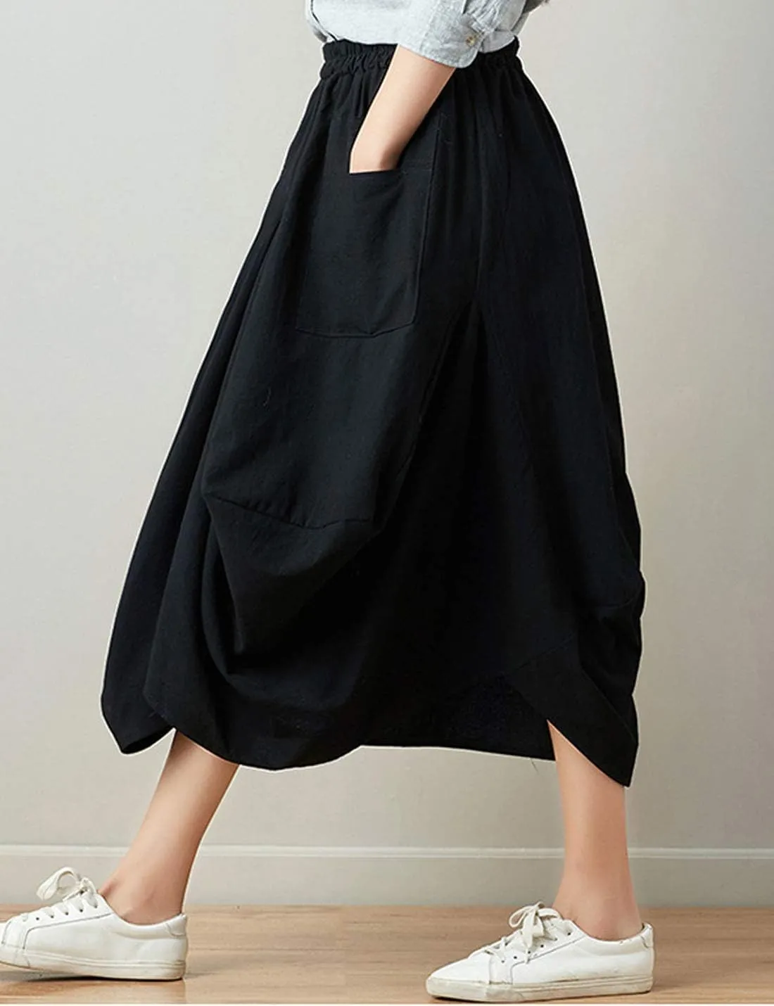 Flygo Women's Retro Elastic Waist Pleated Baggy Linen Midi Skirts with Pockets