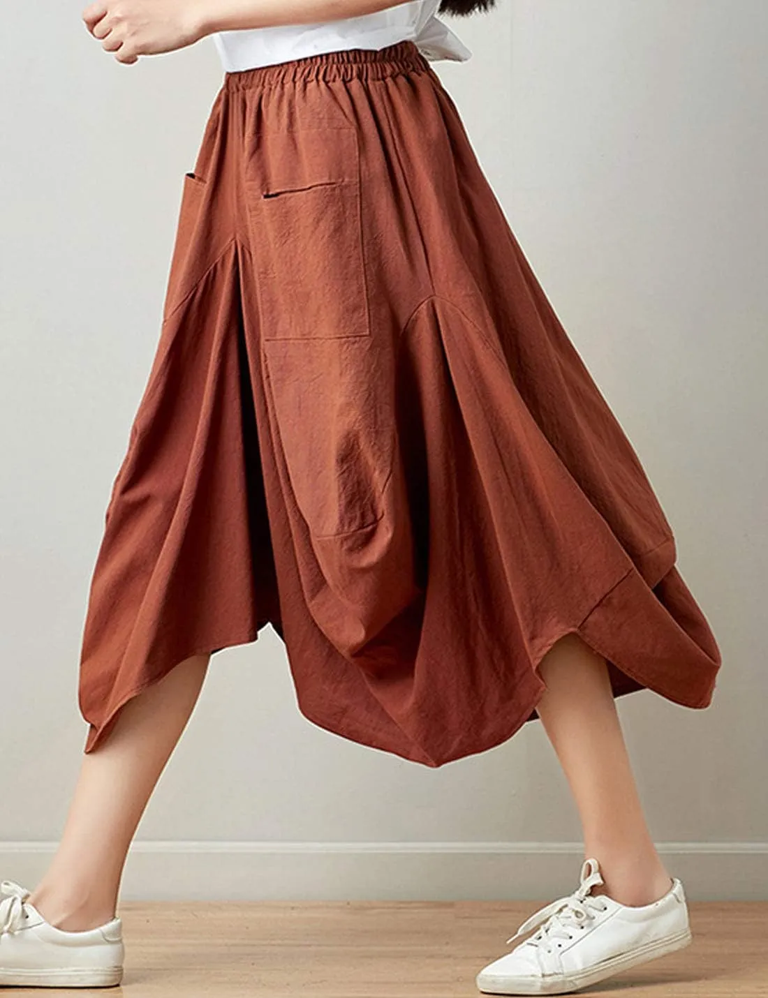 Flygo Women's Retro Elastic Waist Pleated Baggy Linen Midi Skirts with Pockets