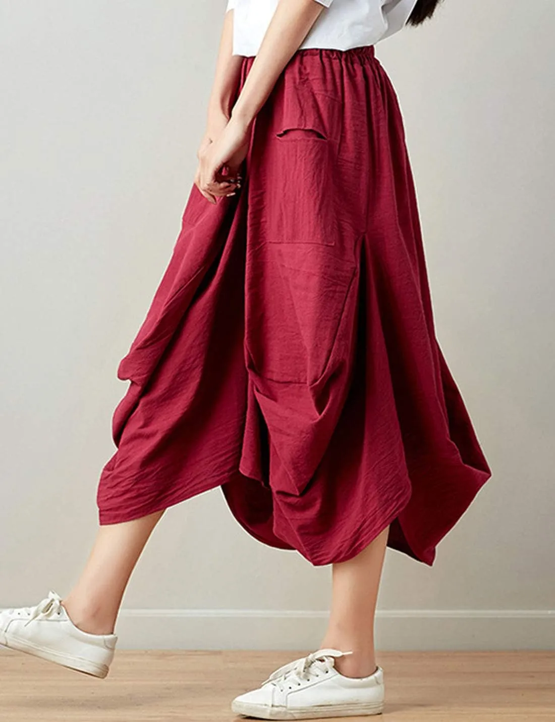 Flygo Women's Retro Elastic Waist Pleated Baggy Linen Midi Skirts with Pockets