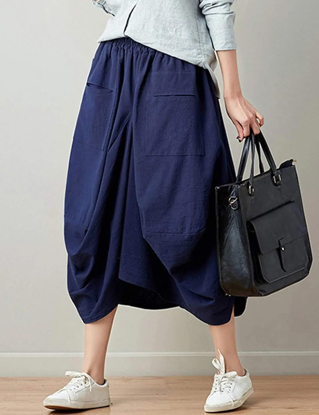 Flygo Women's Retro Elastic Waist Pleated Baggy Linen Midi Skirts with Pockets
