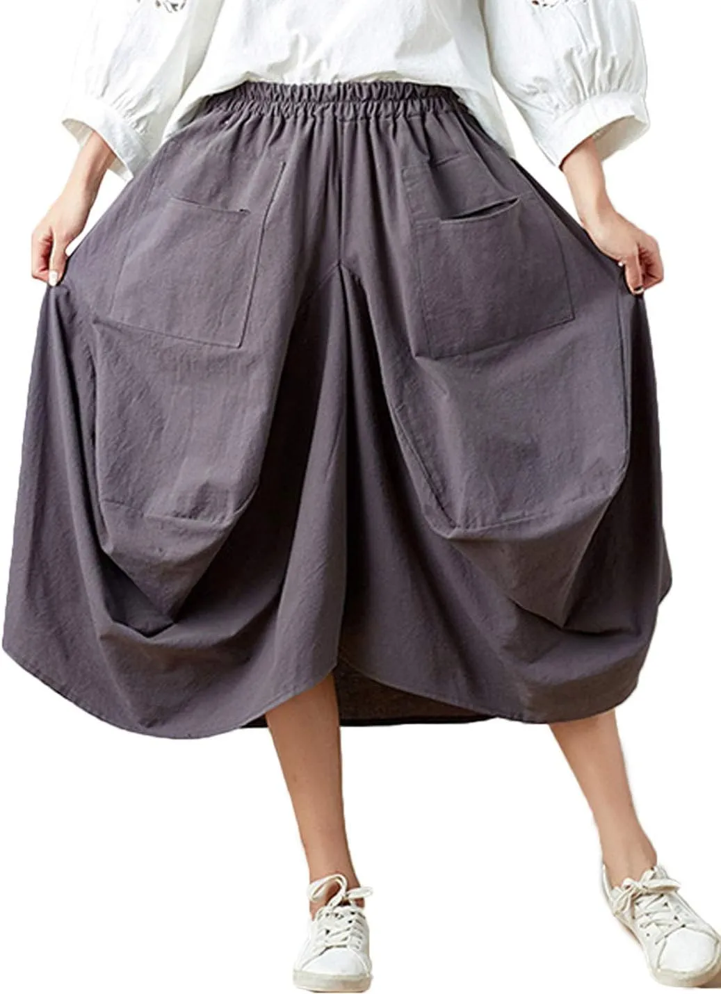 Flygo Women's Retro Elastic Waist Pleated Baggy Linen Midi Skirts with Pockets