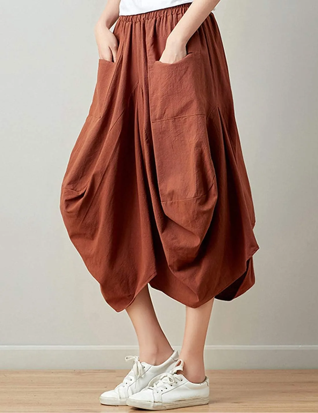 Flygo Women's Retro Elastic Waist Pleated Baggy Linen Midi Skirts with Pockets