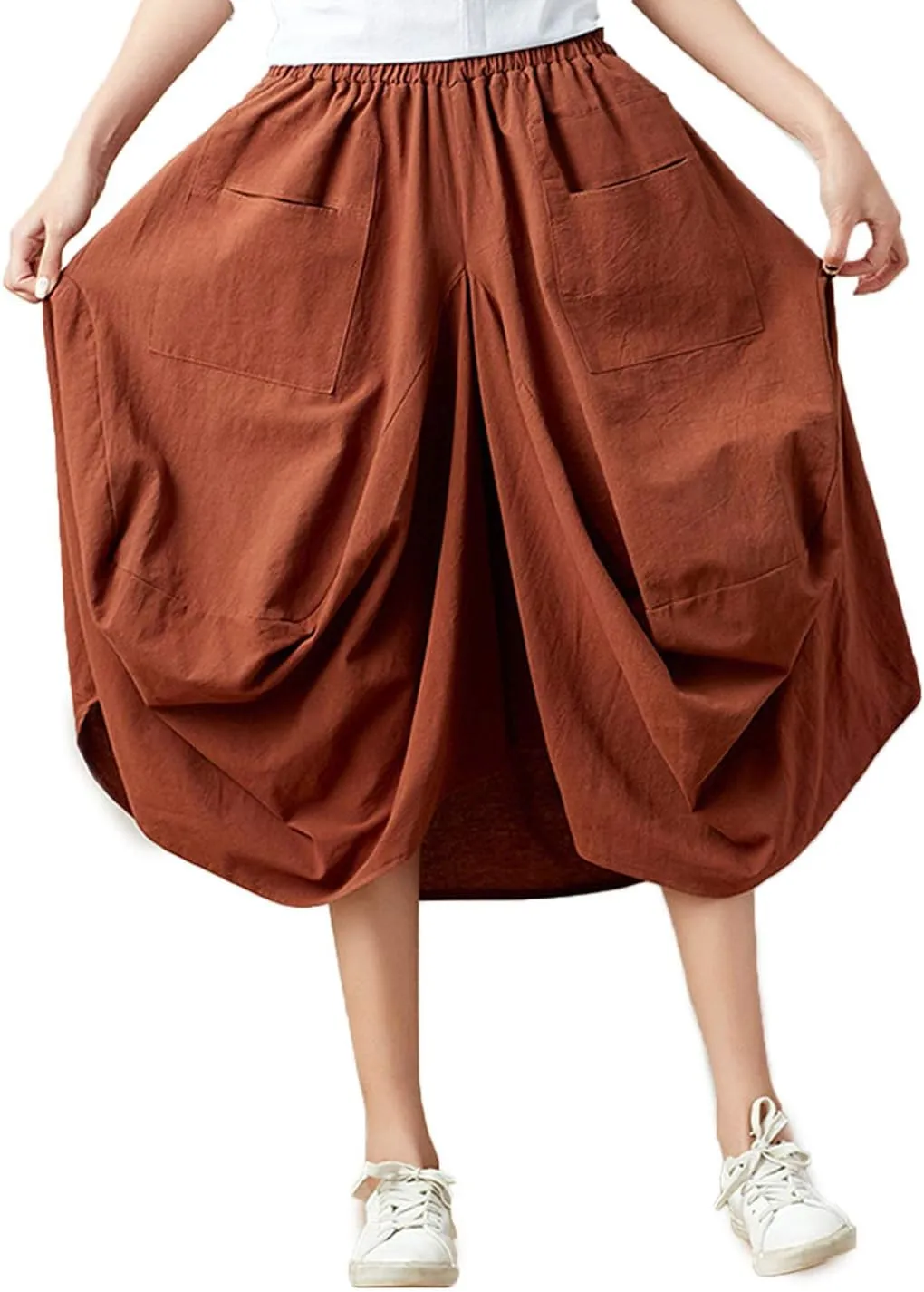 Flygo Women's Retro Elastic Waist Pleated Baggy Linen Midi Skirts with Pockets